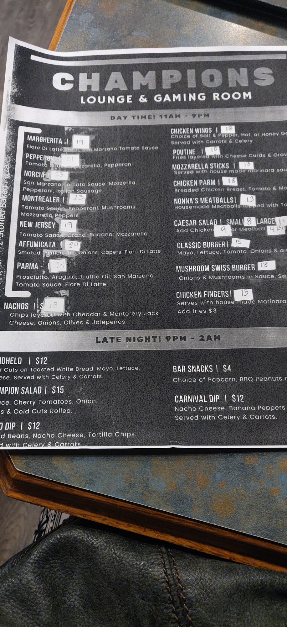 Champions Lounge & Gaming Menu