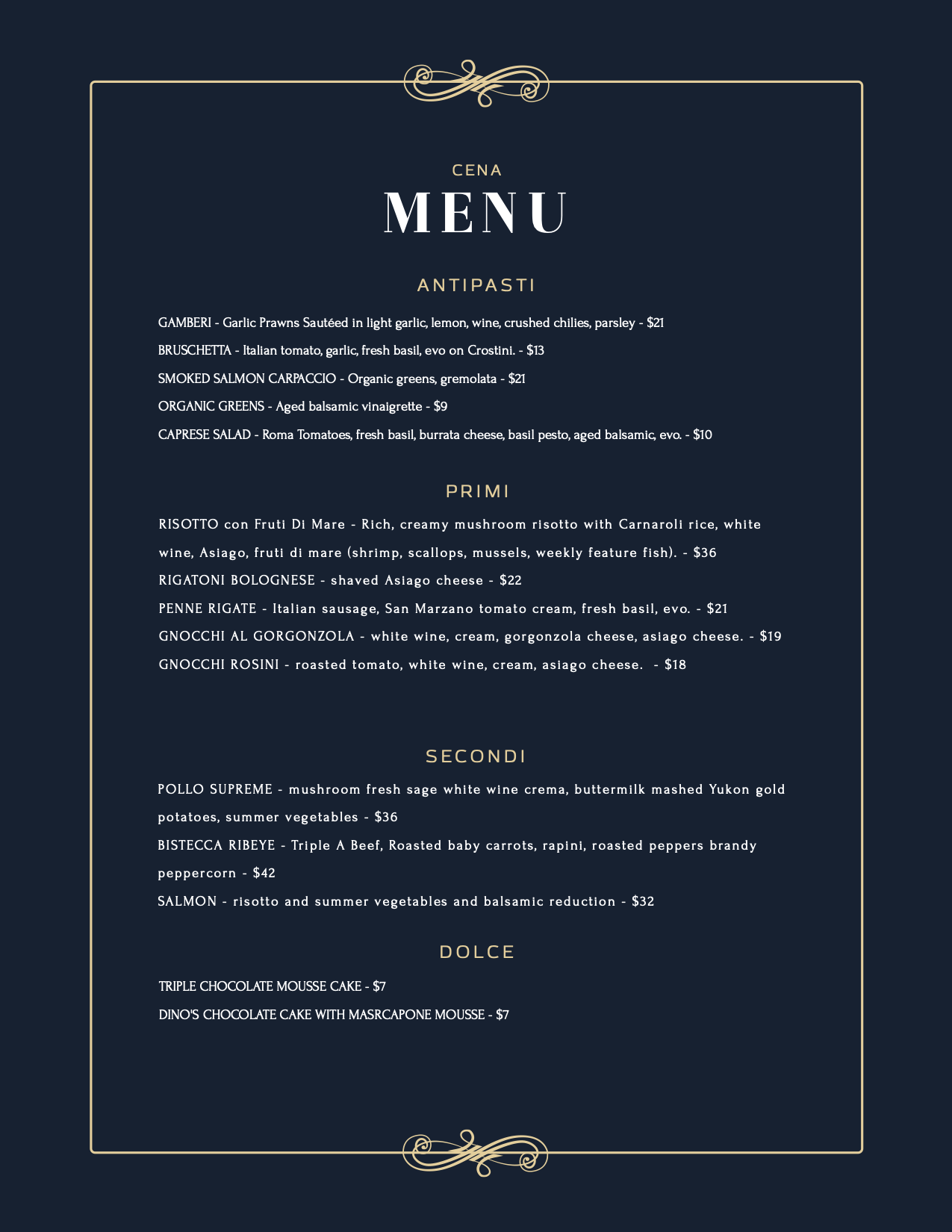 Grande Amore Menu