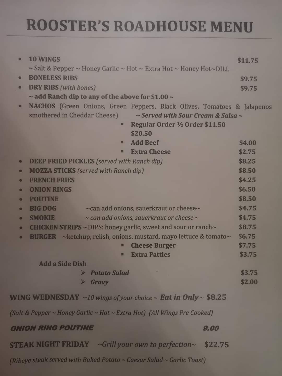 Rooster's Road House Ltd Menu