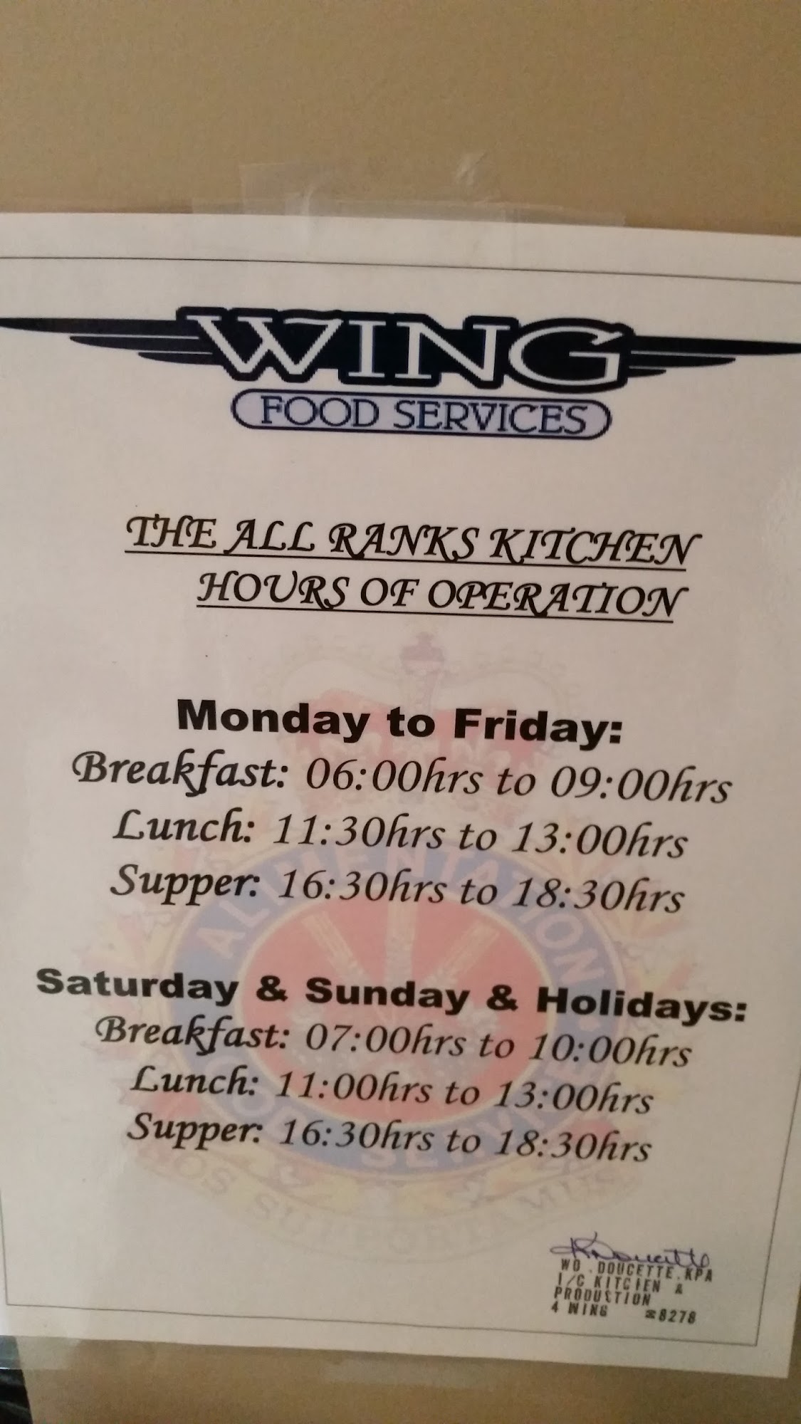 4 Wing Combined Dining Hall Menu