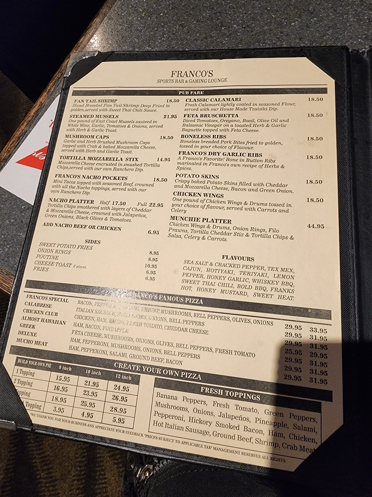 Franco's Sports Bar and Grill Menu