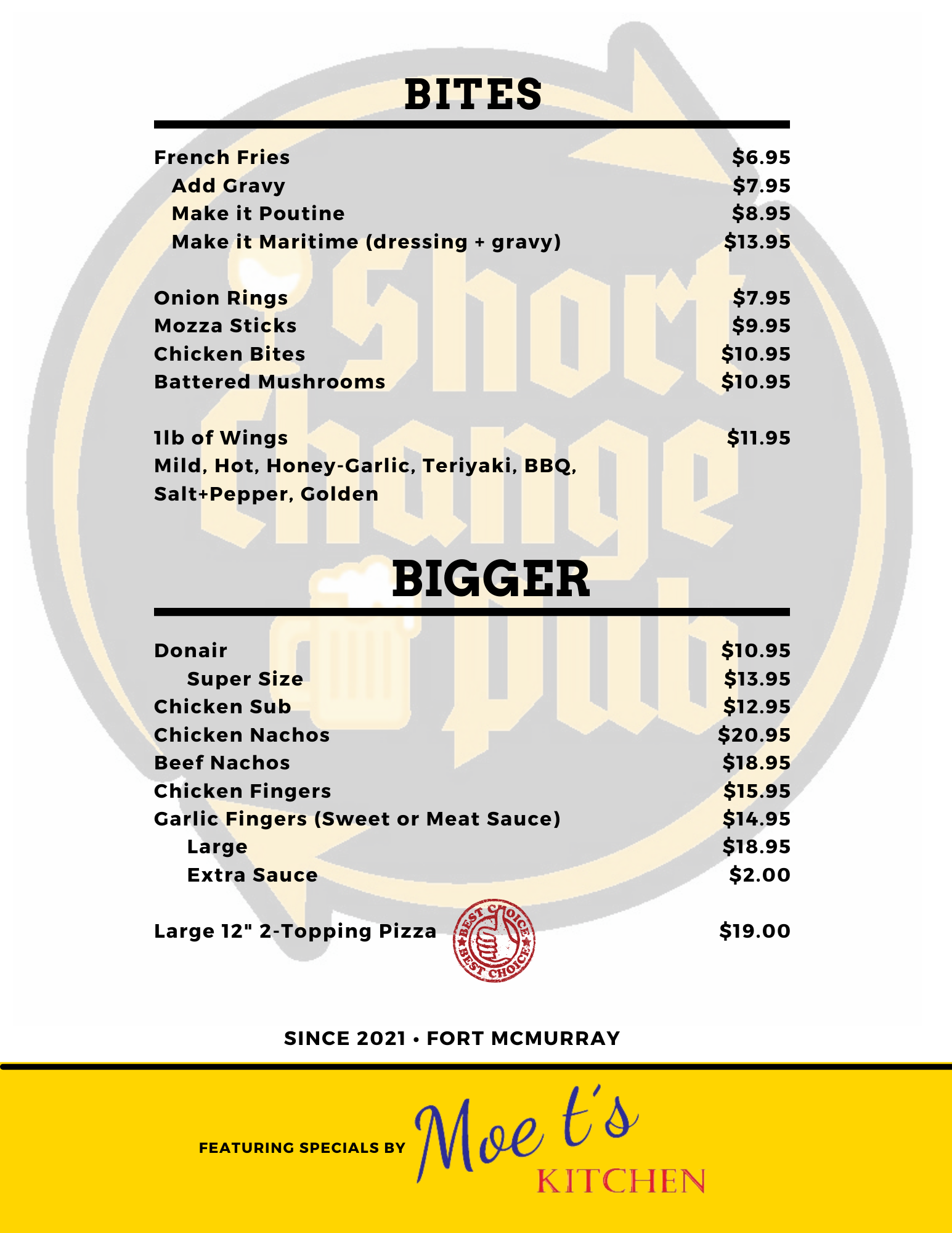 Short Change Pub Menu