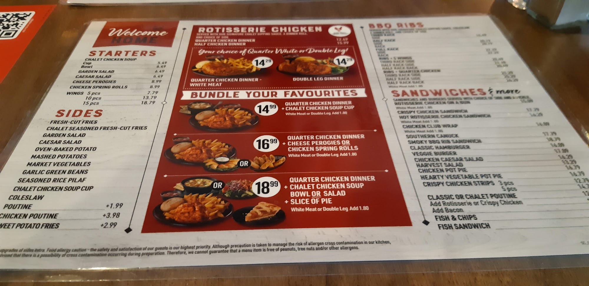 Swiss Chalet Menu