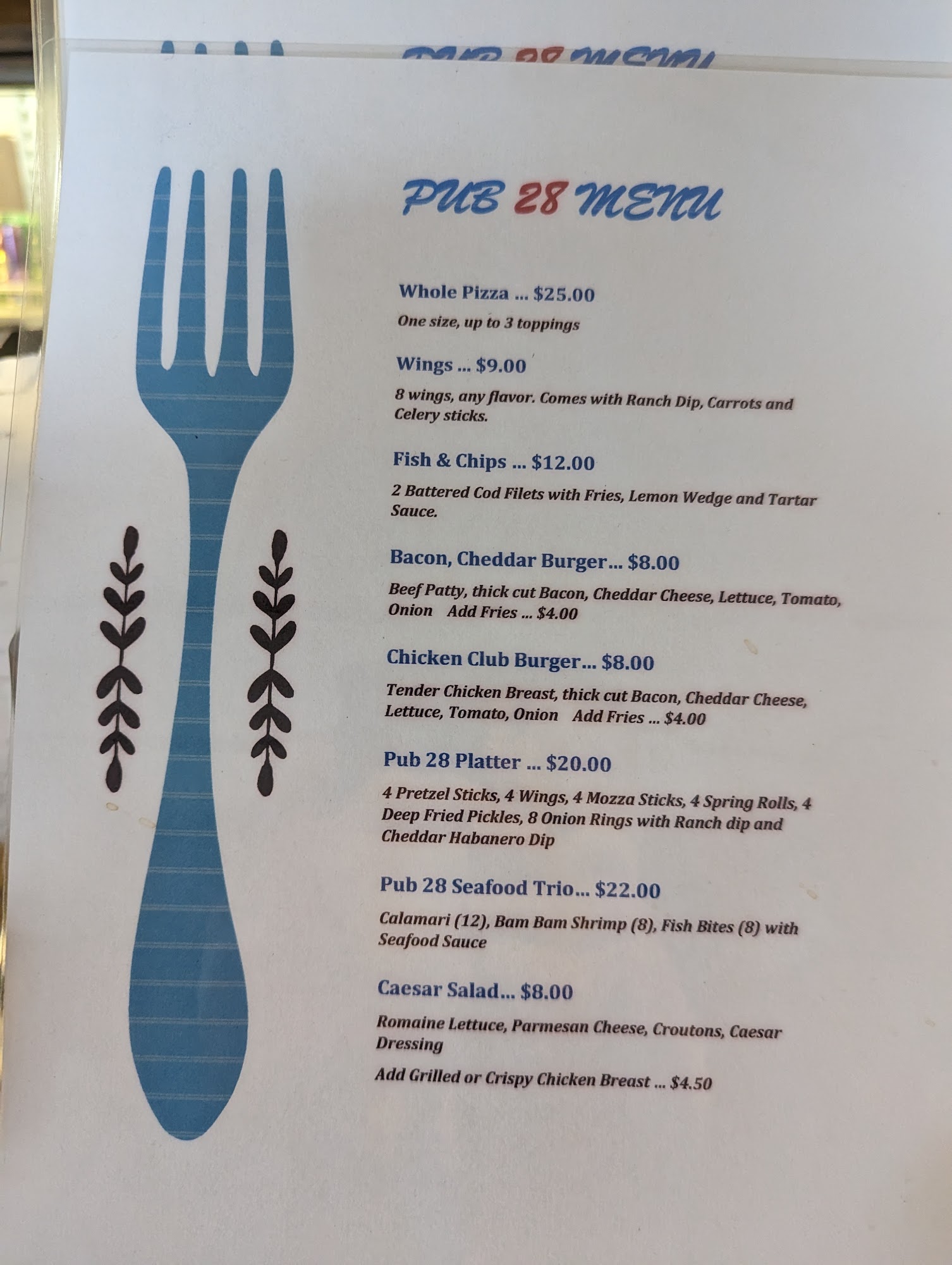 Pub 28 & Offsales Menu