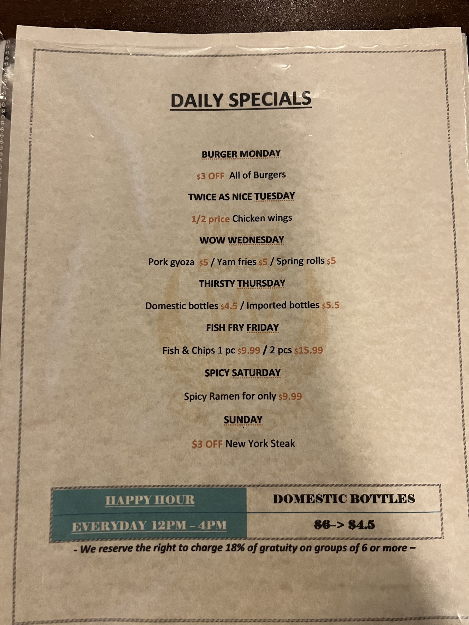 Wood Buffalo Bar & Grill Menu