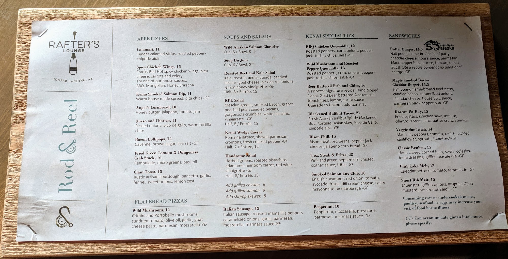 Rafters Bar Menu