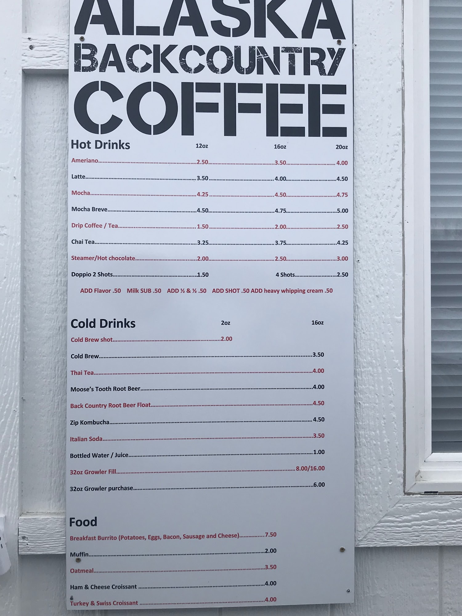 Alaska BackCountry Coffee Menu