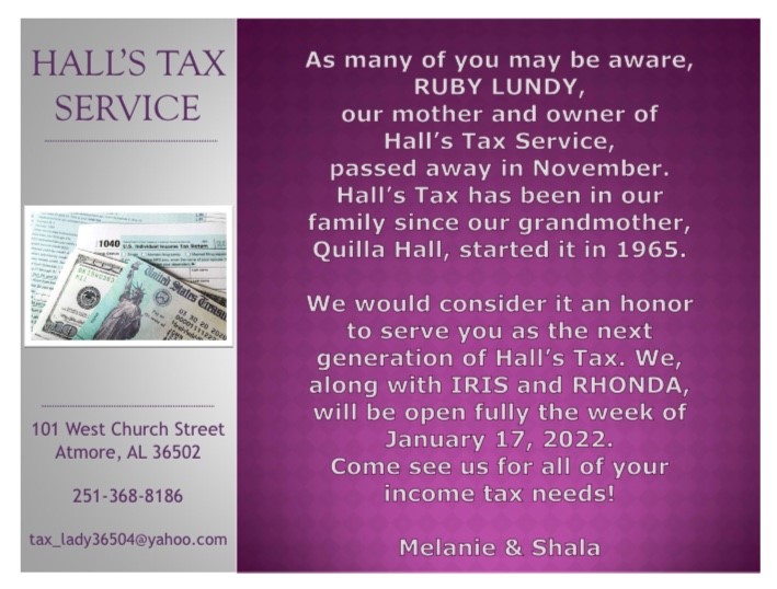 Hall's Income Tax & Bookkeeping Services 101 W Church St, Atmore Alabama 36502
