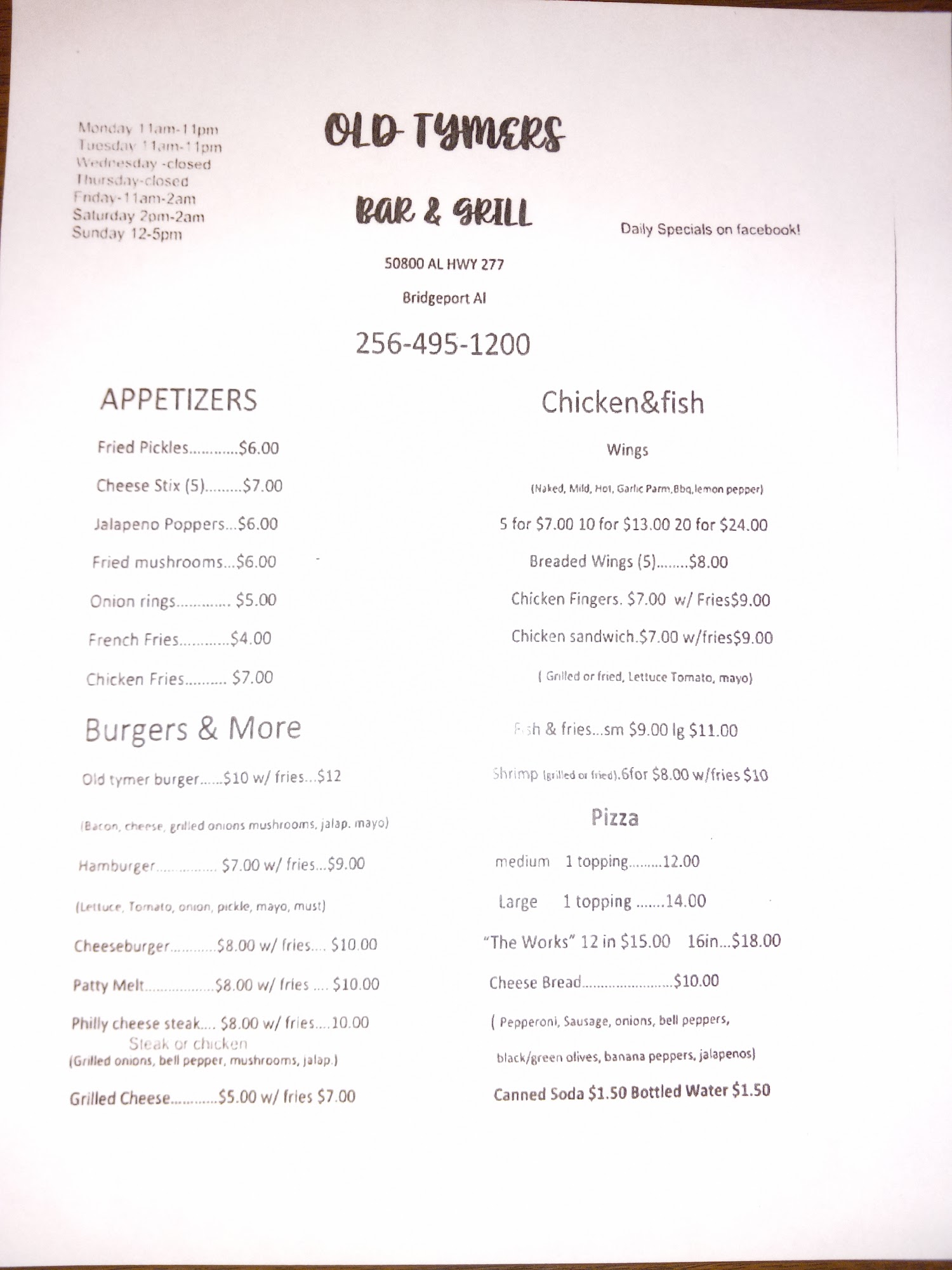 Old tymers bar&grill Menu