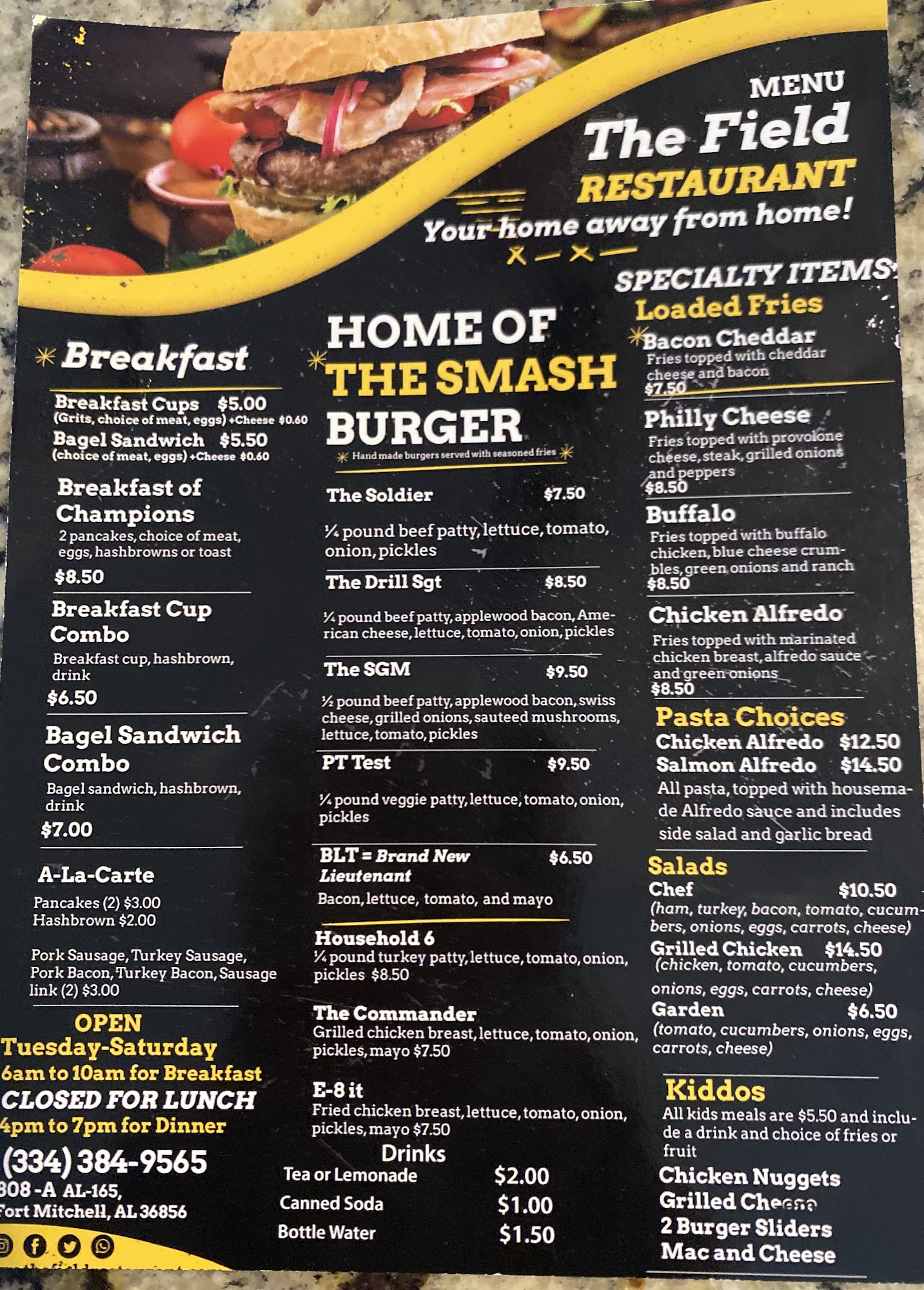 The Field Restaurant Menu