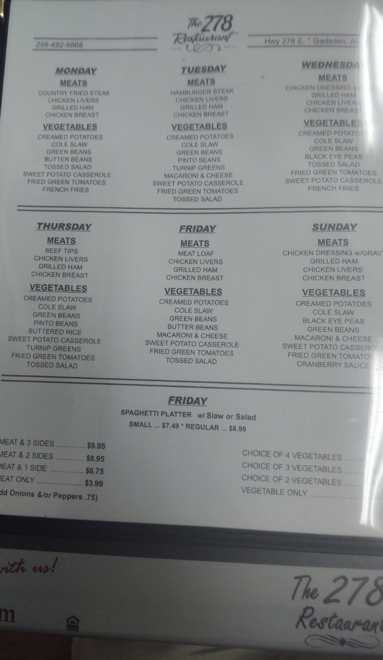 Two Seventy-Eight Restaurant Menu