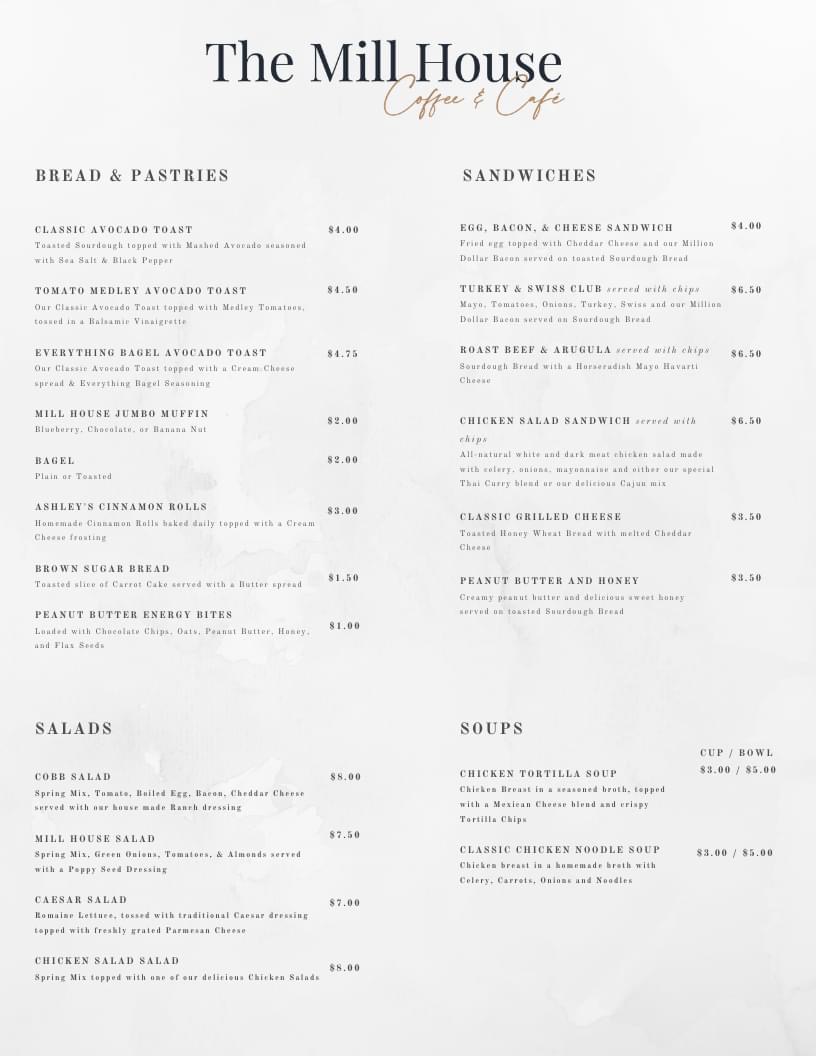 Mill House Coffee & Cafe Menu