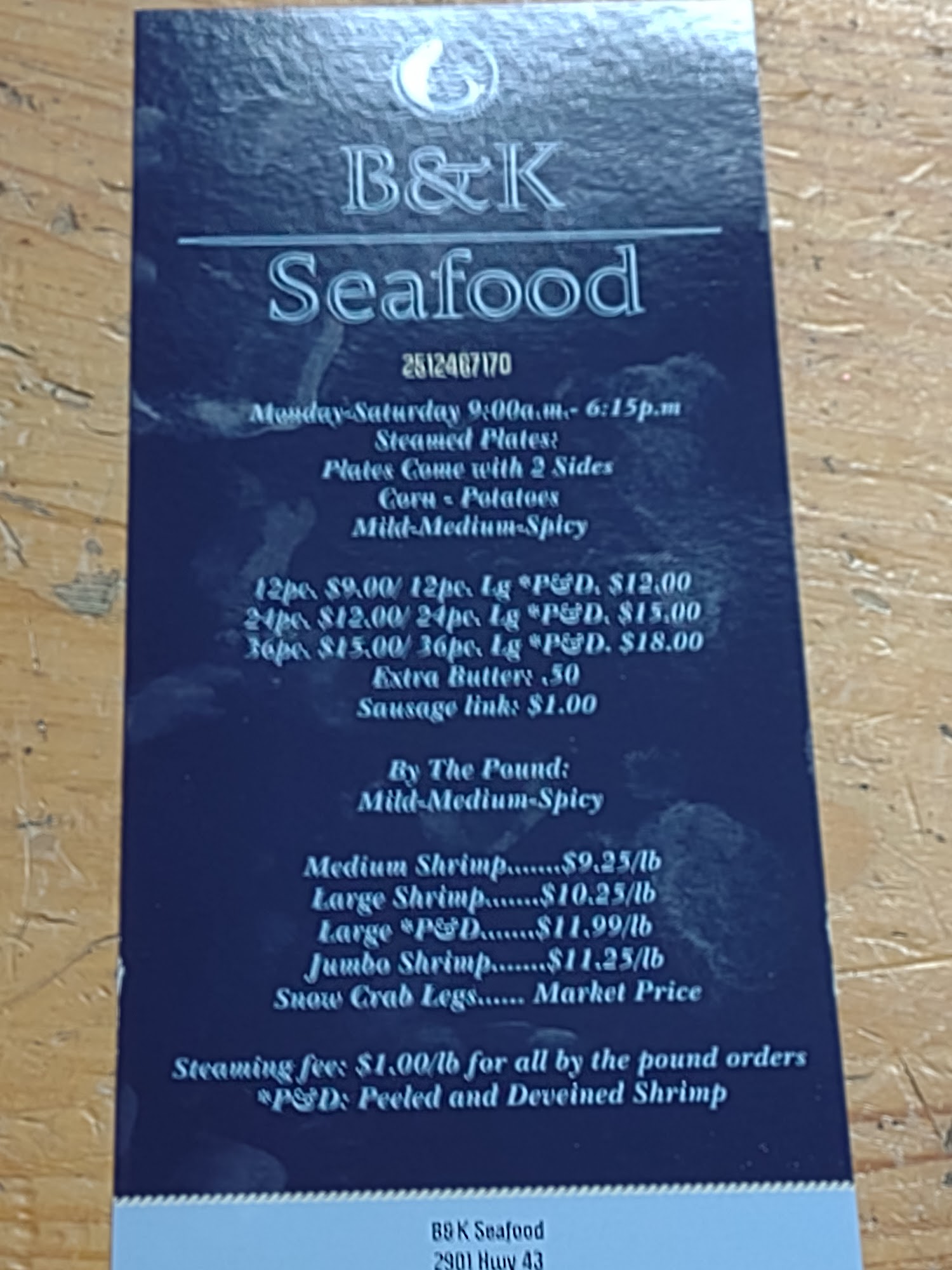 B & K Seafood Menu