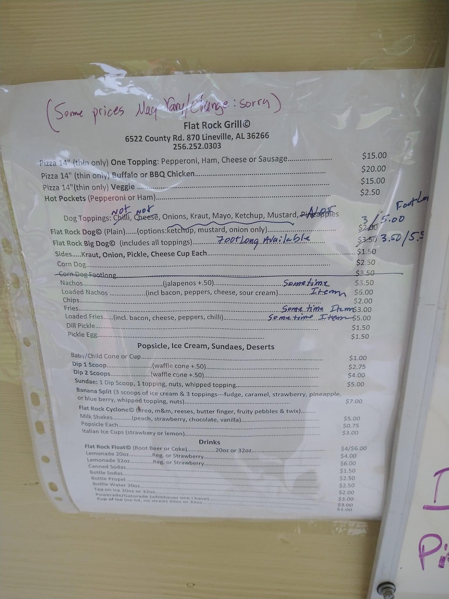 Flat Rock Store and Camping Menu