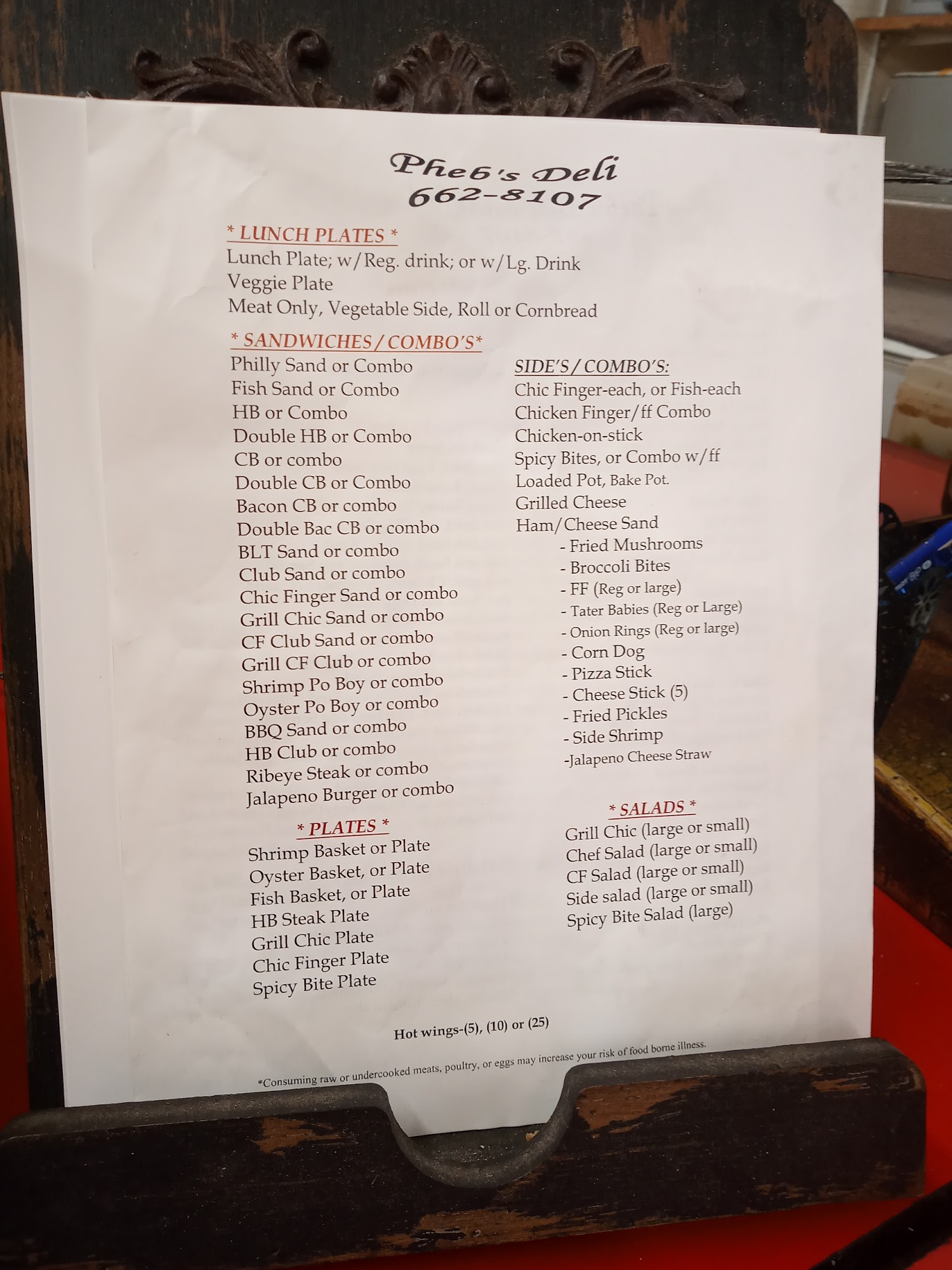 Pheb's Deli LLC Menu