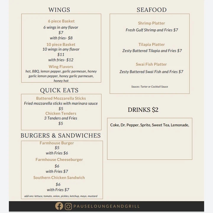 Pause Lounge and Grill Menu