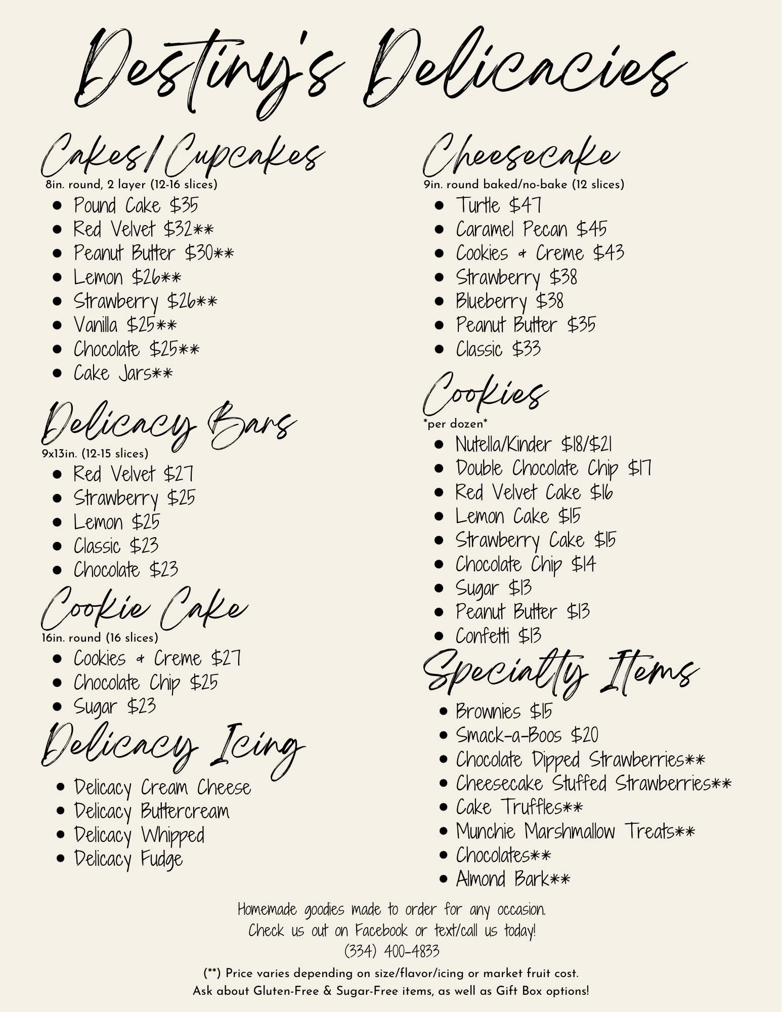 Destiny's Delicacies Menu