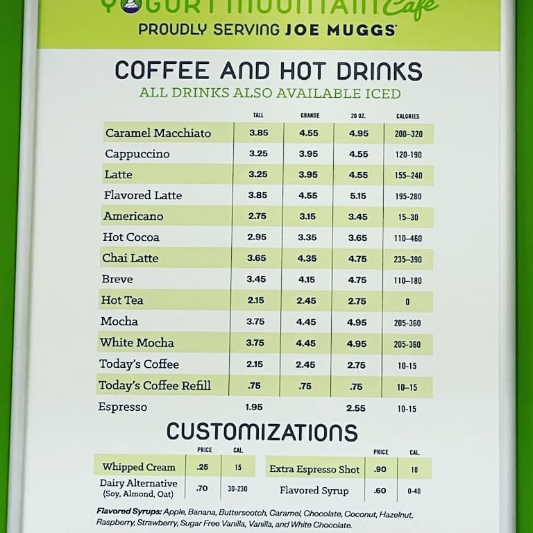 Yogurt Mountain Cafe Menu