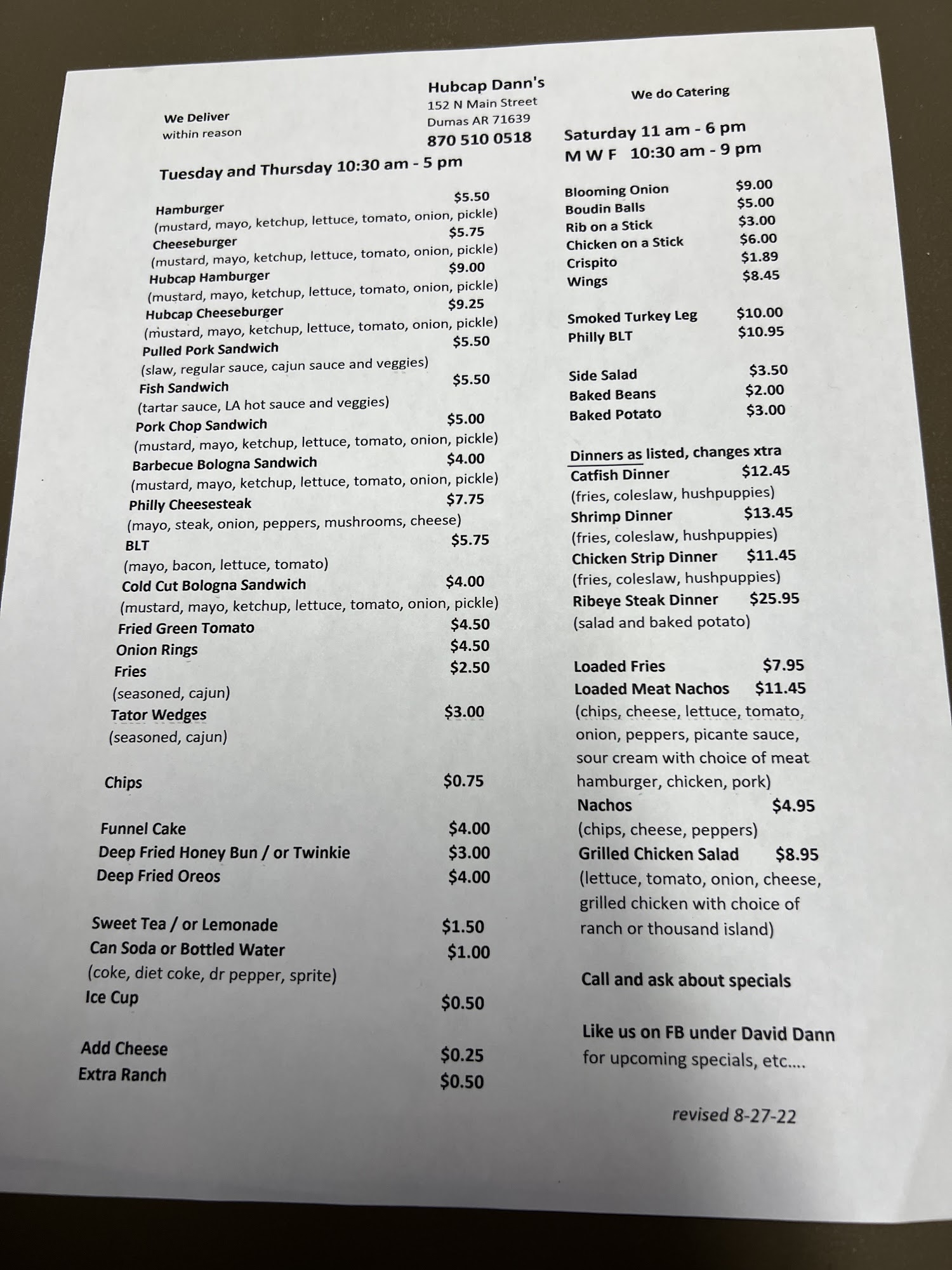 Hubcap Dan's Burgers Menu