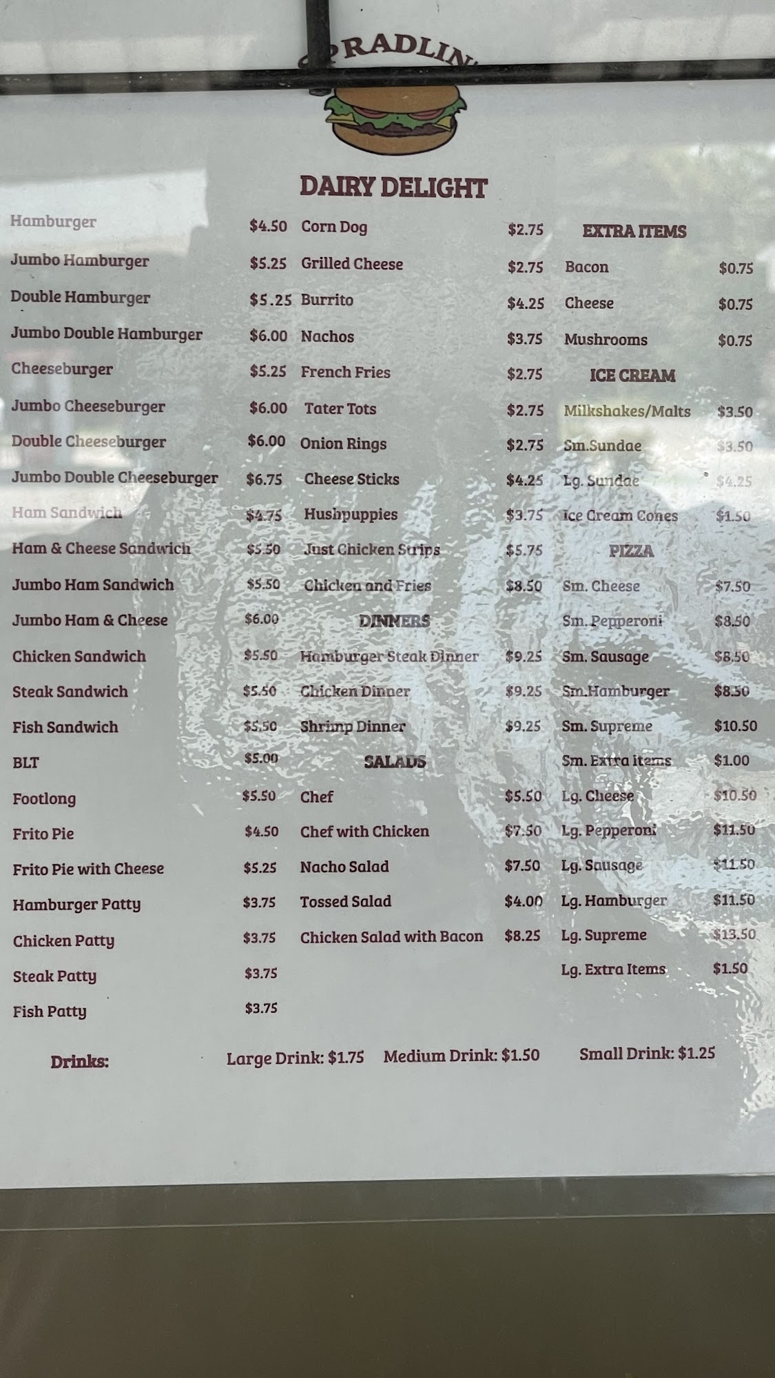 Spradlins Dairy Delight Menu