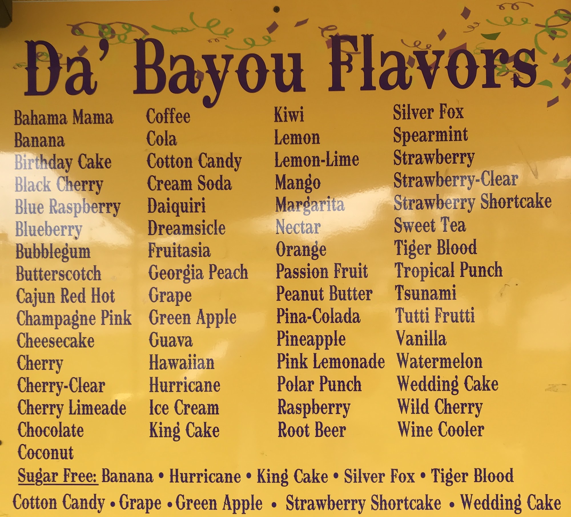Da' Bayou Snowballs The Rock Menu
