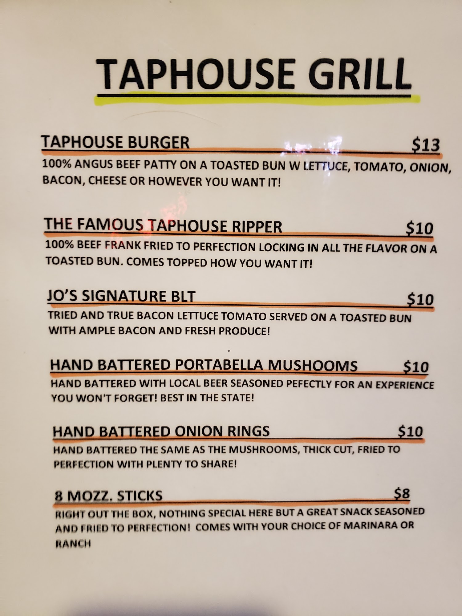 Taphouse Club Menu