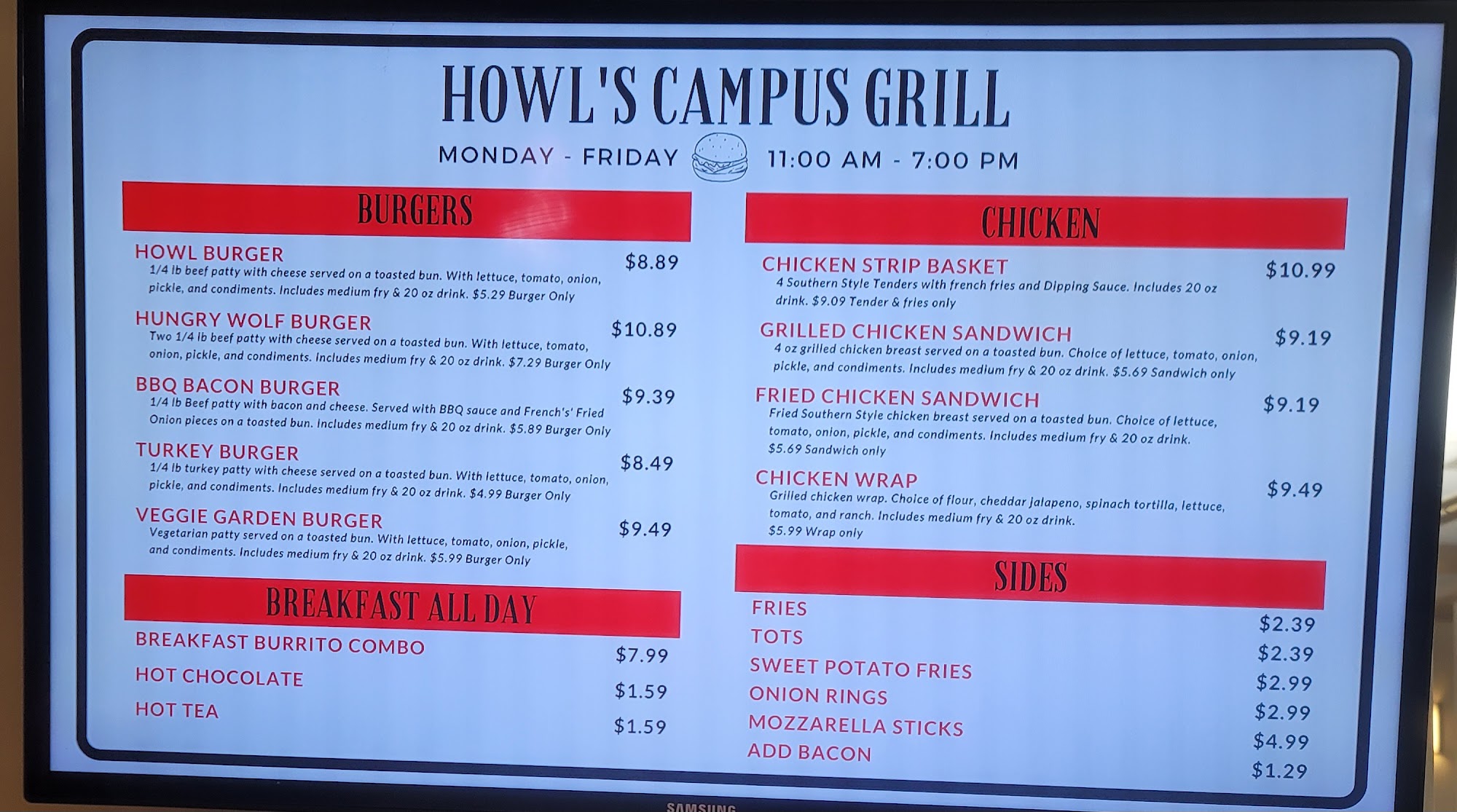 Howl's Campus Grill Menu