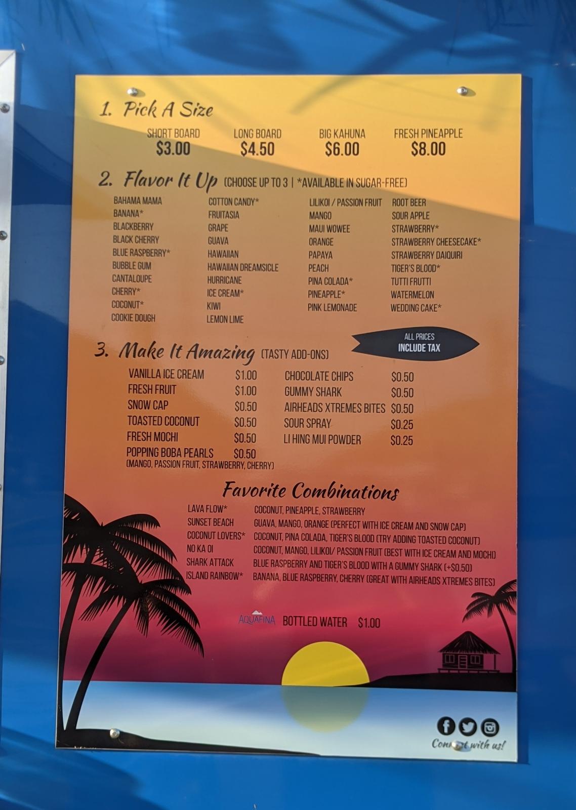 Ohana Hawaiian Snow Menu