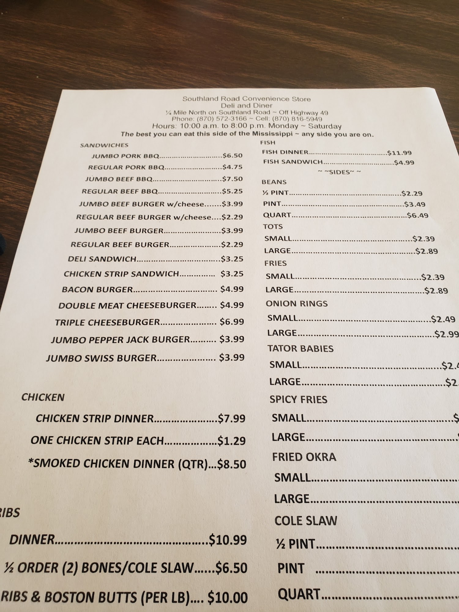 Dee's BBQ at Southland Road Store and Diner Menu