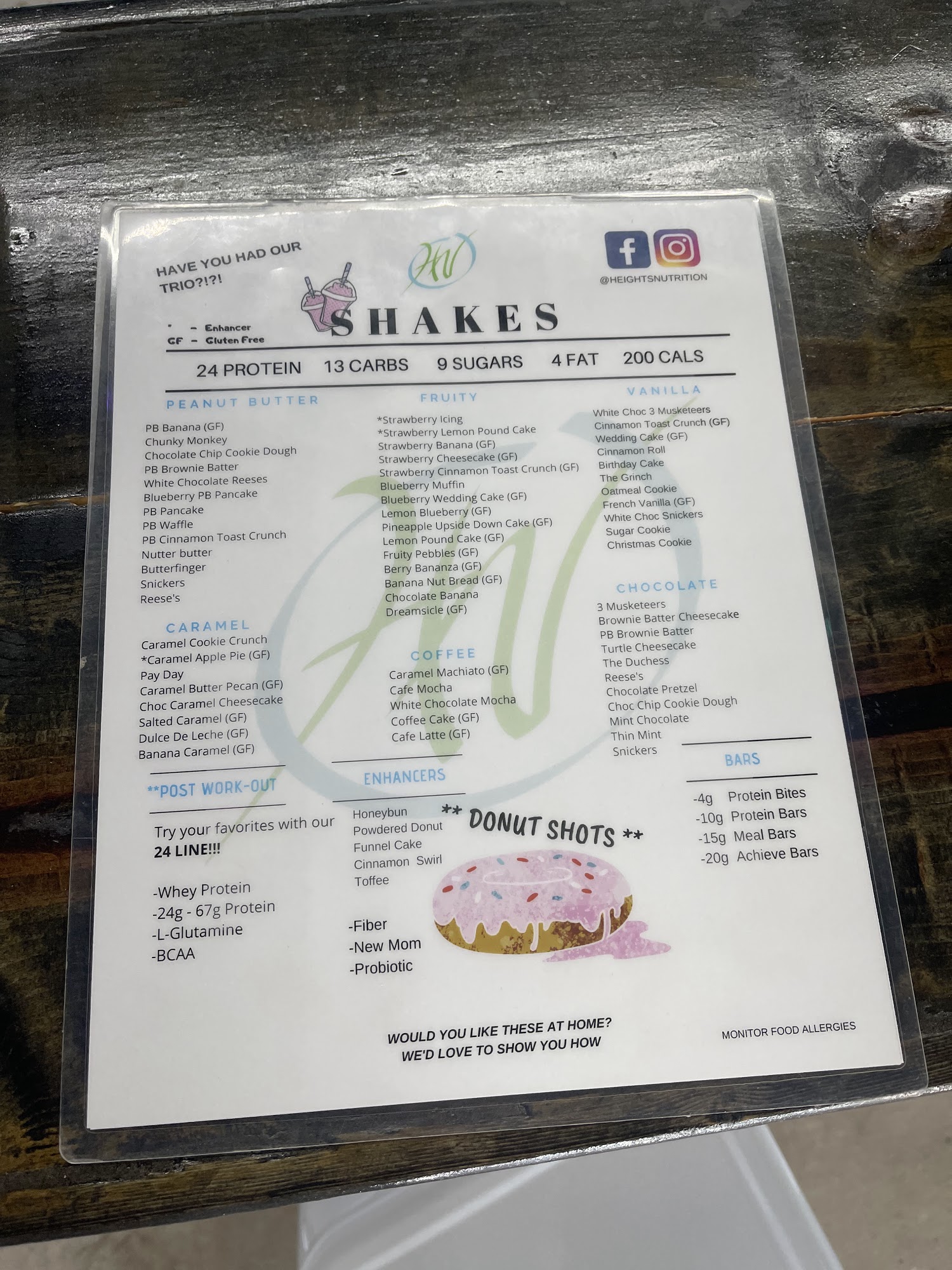 Heights Nutrition Menu