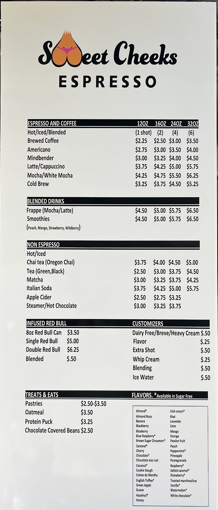 Sweet Cheeks Espresso Menu