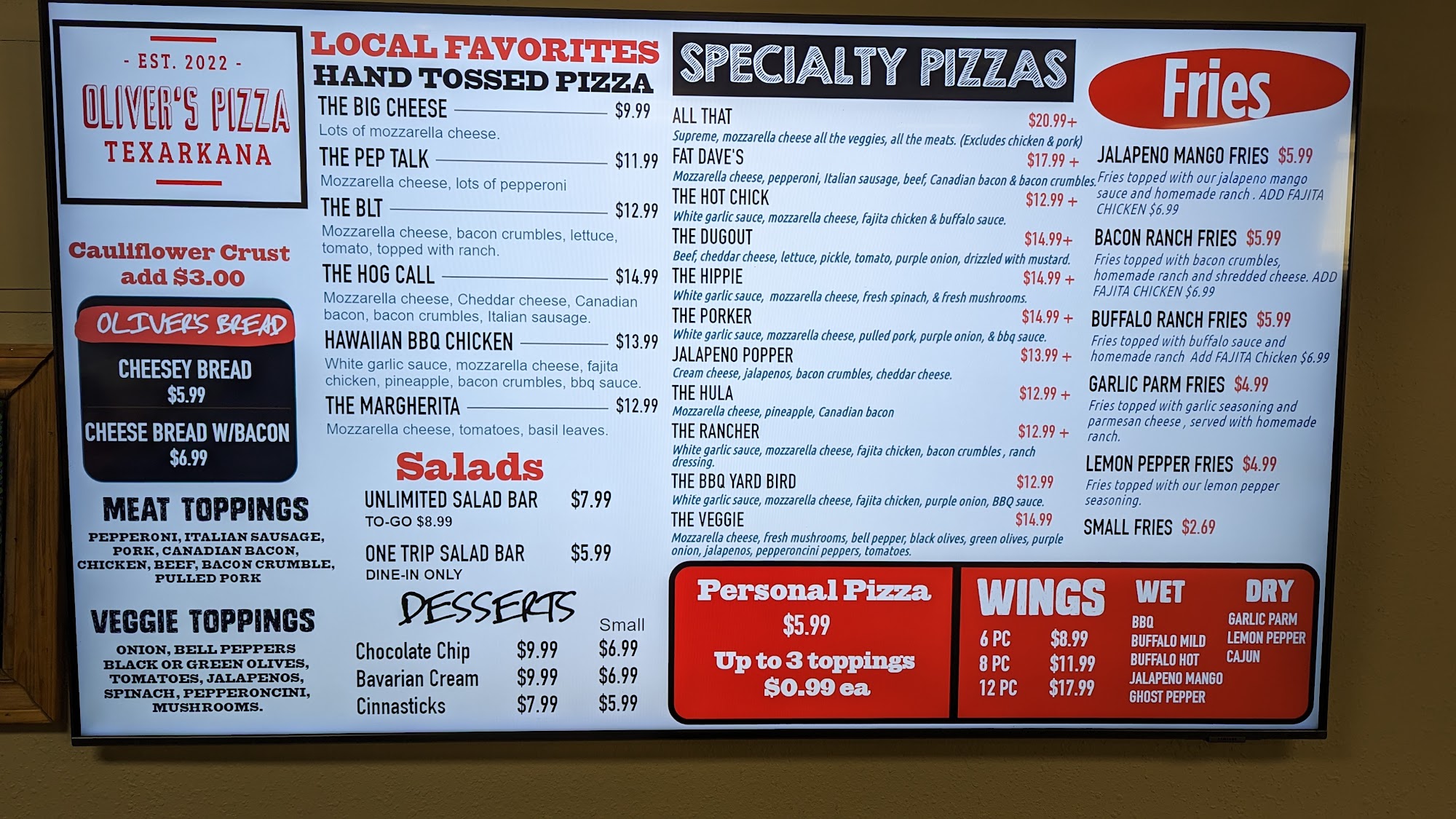 Oliver’s Pizza Place Menu