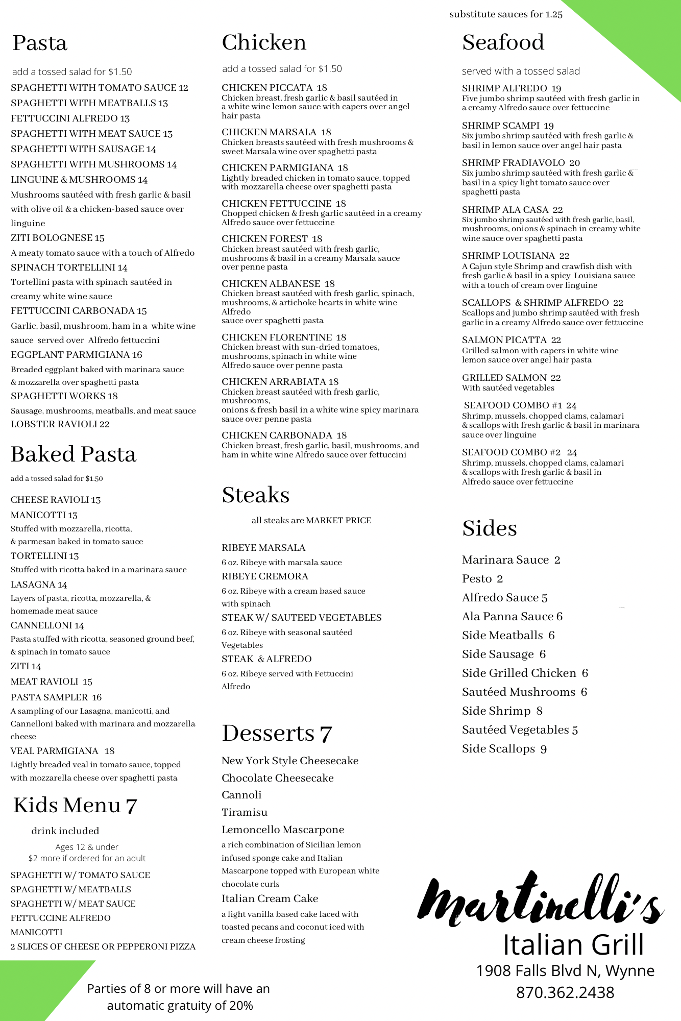 Martinelli’s Italian Grill Menu