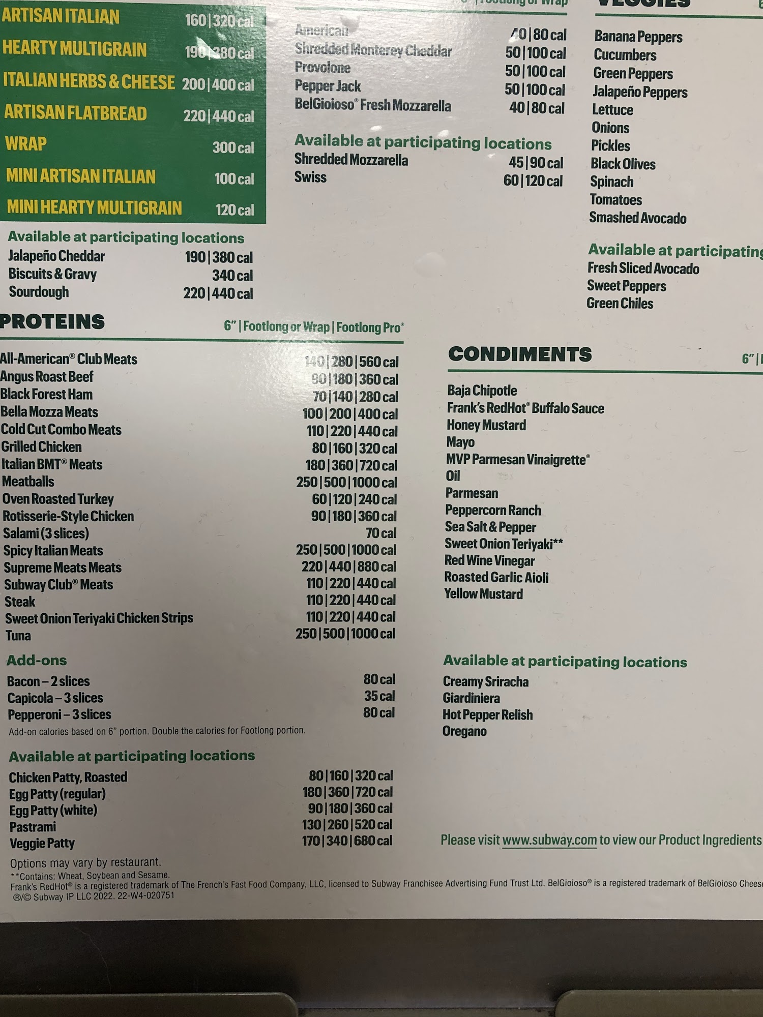 Subway Menu