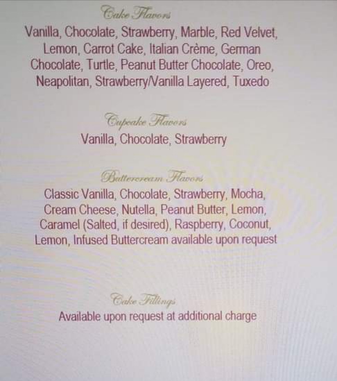 Noni's Custom Cakes by Victoria Menu