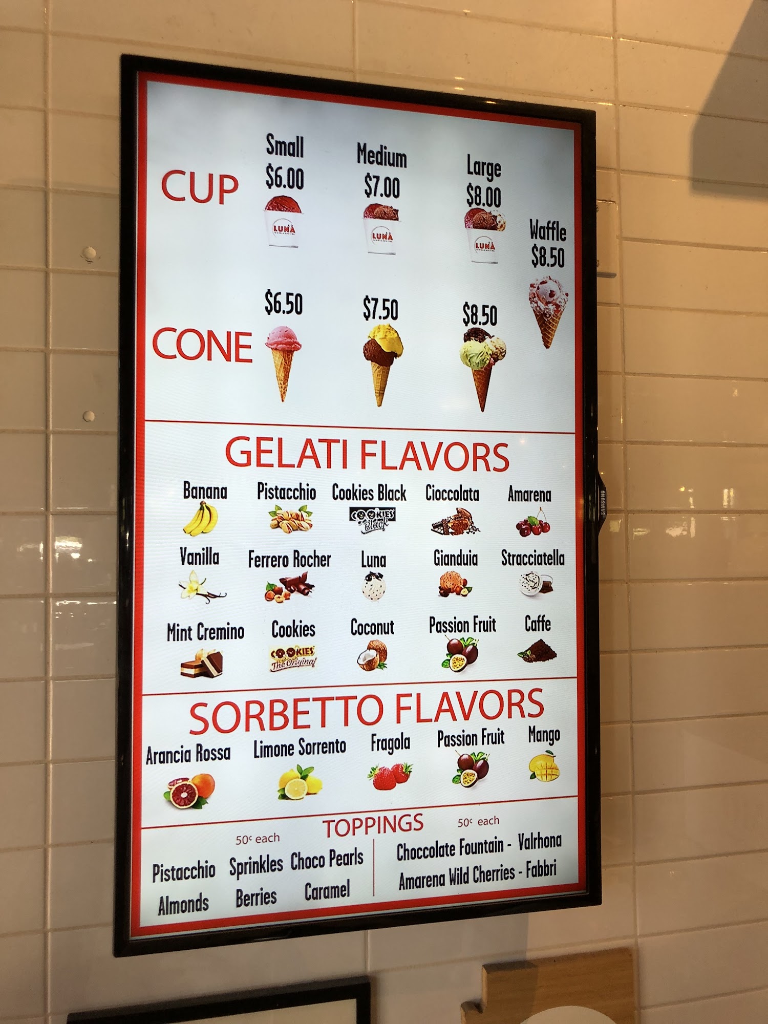 Luna Gelateria Menu