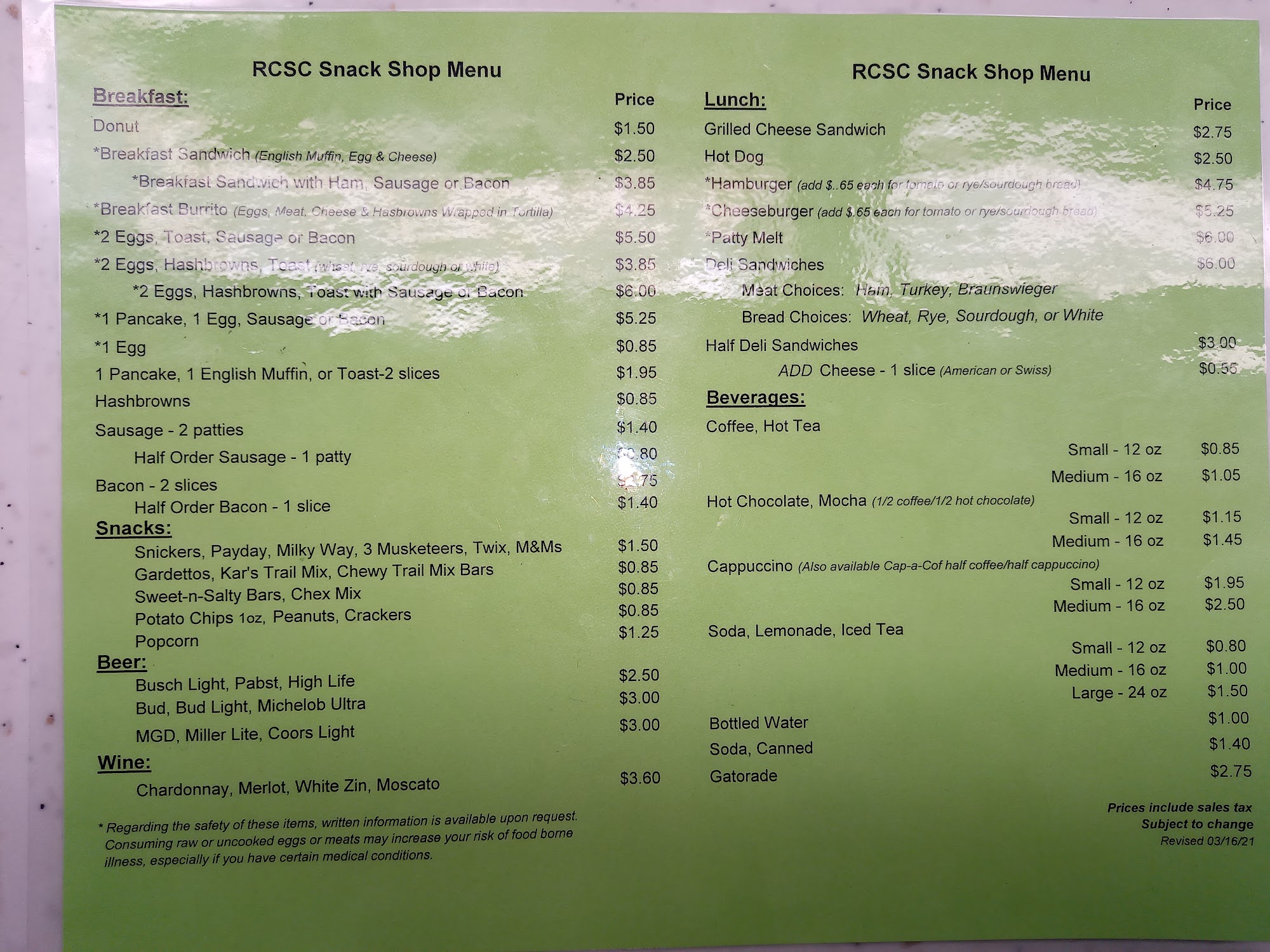 Willow Snack Menu