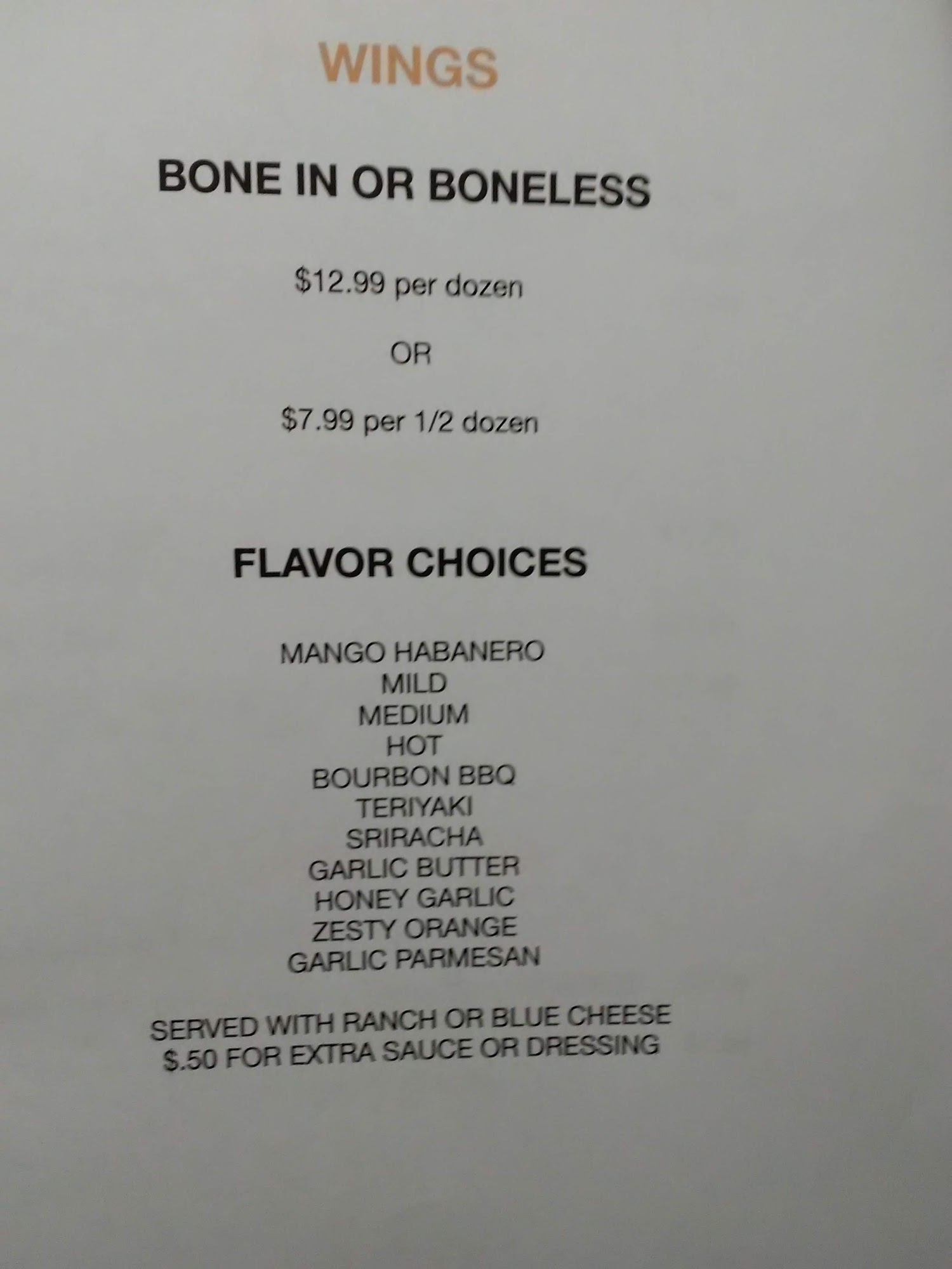 Punkin Center Bar Menu