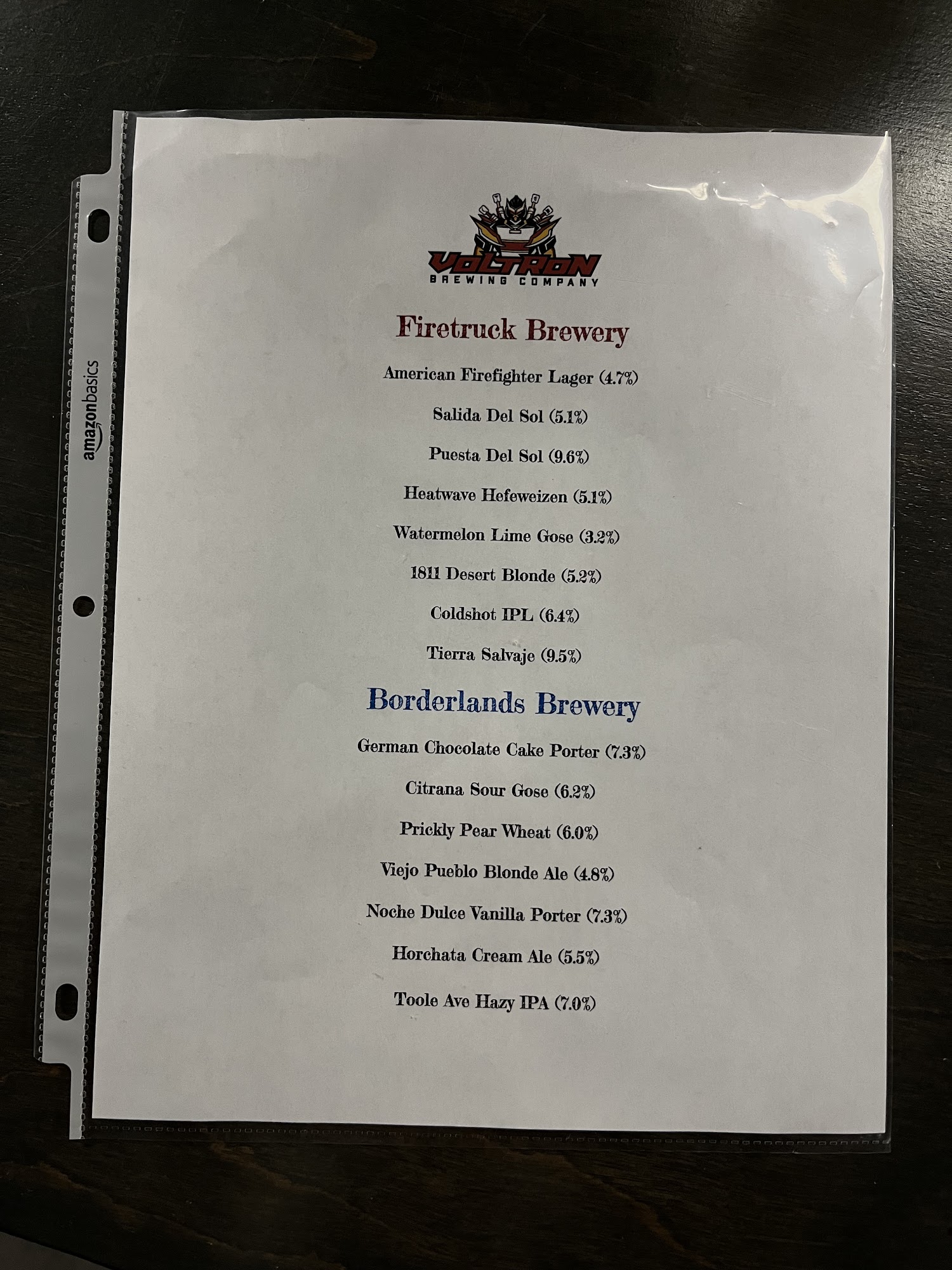 Voltron Brewing Taproom Menu