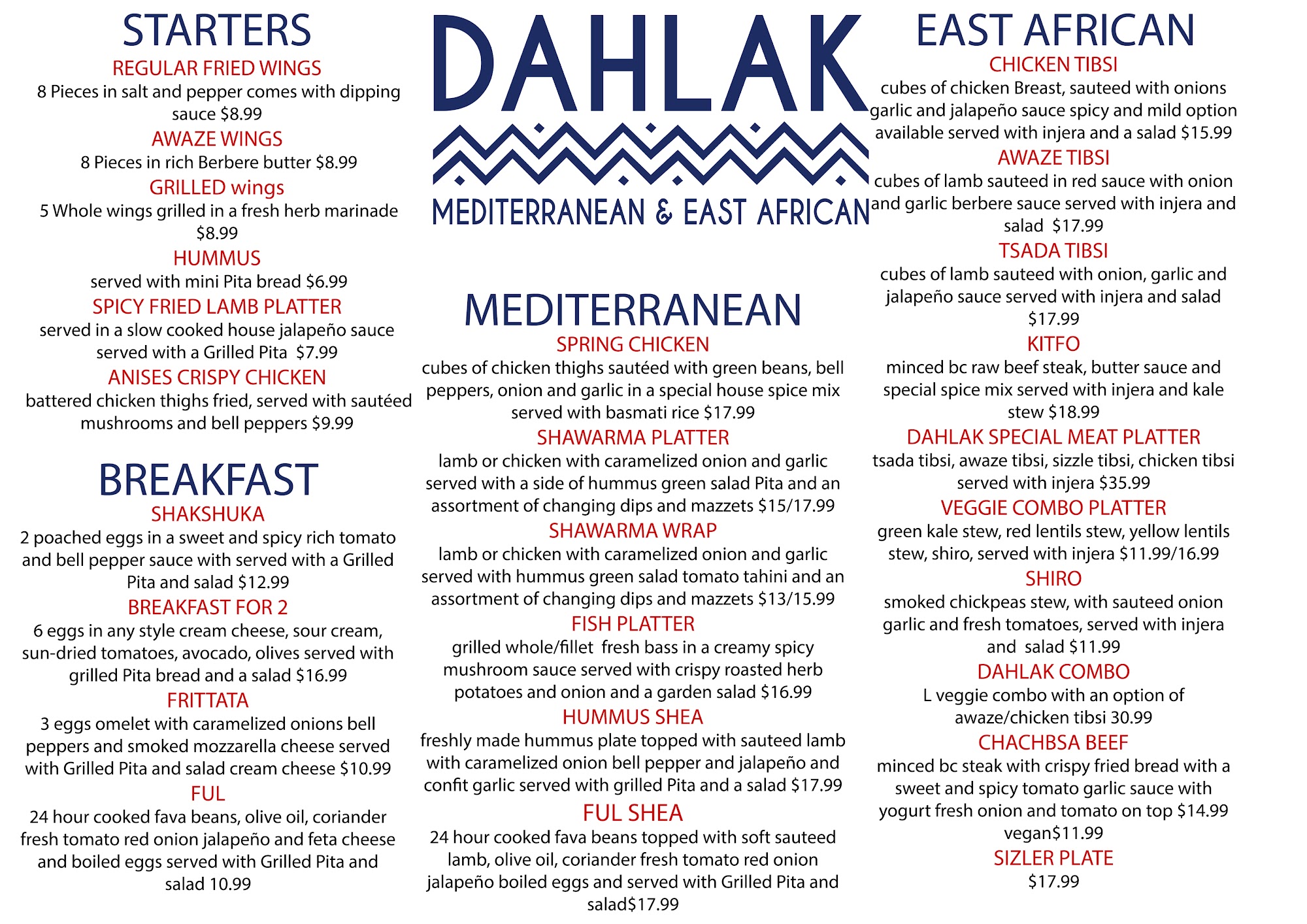 Dahlak Restaurant Menu
