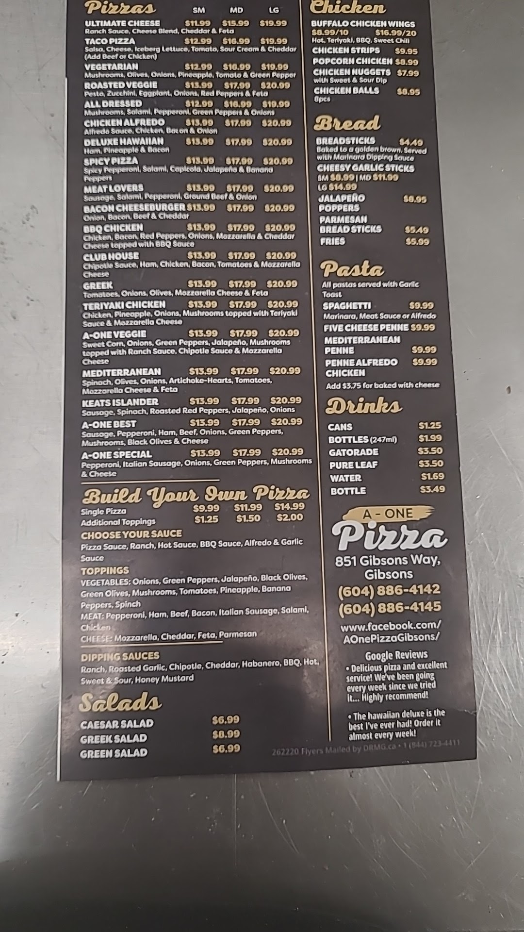A-One Pizza Menu