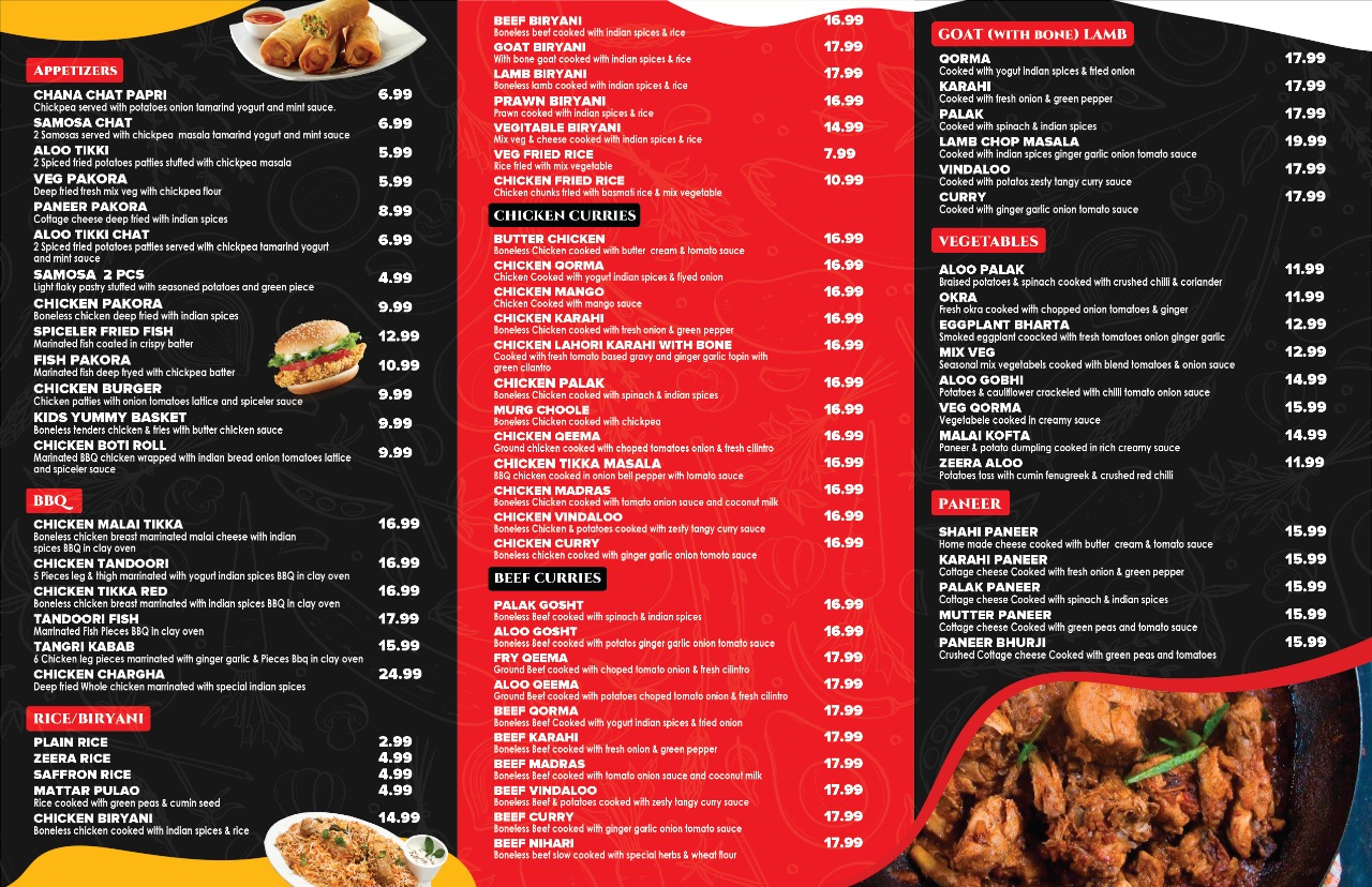 spiceler indian restaurant Menu