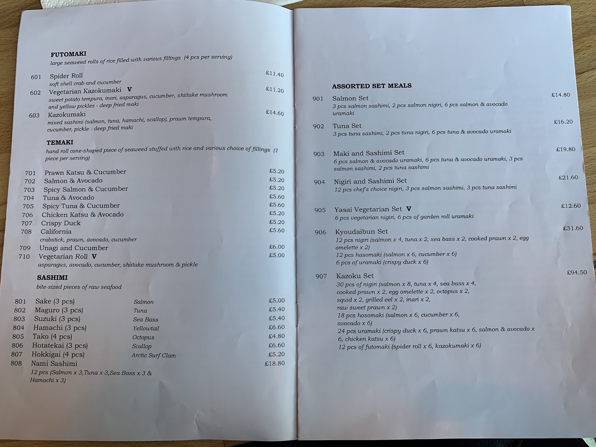 Kazoku Bedford Menu