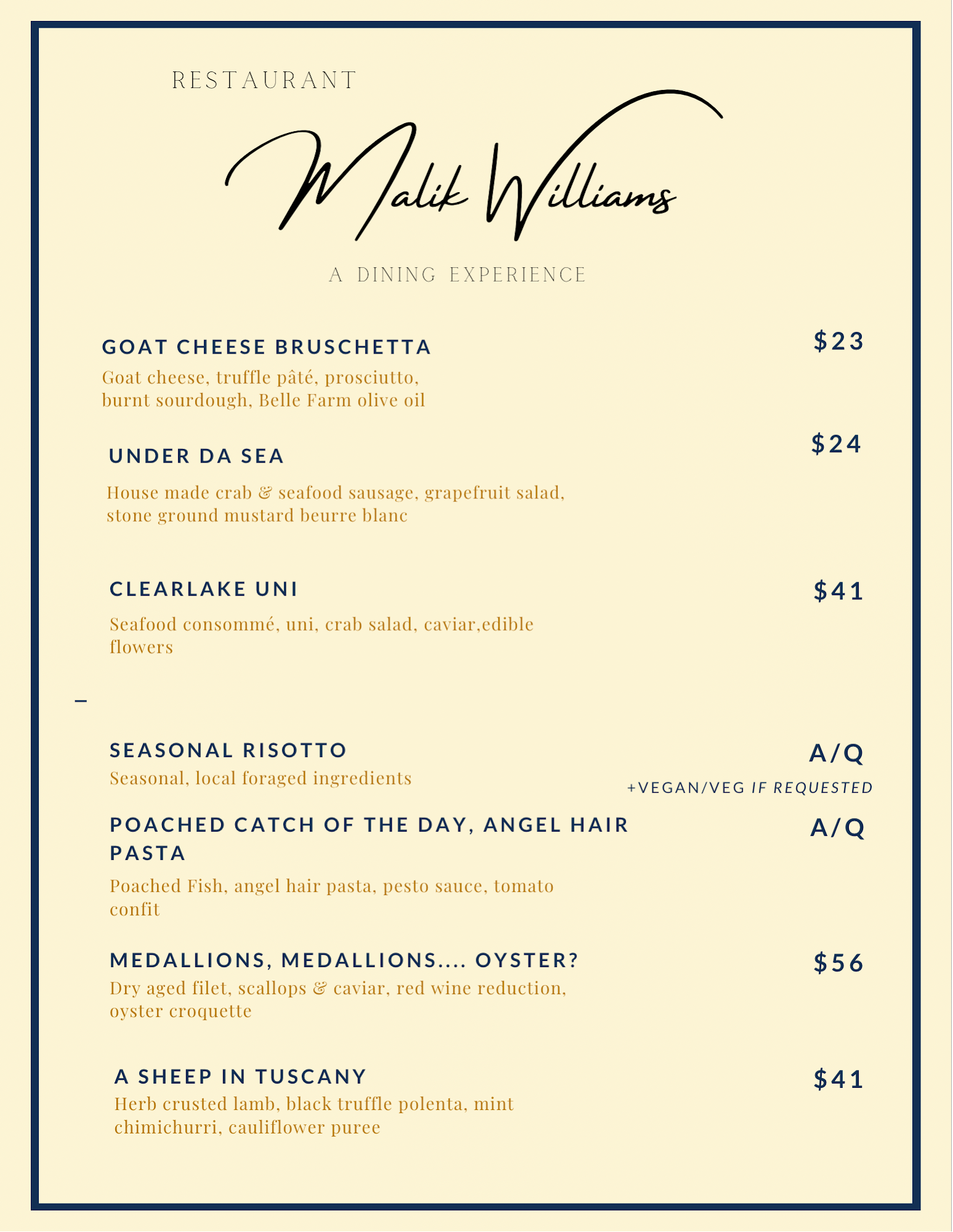 Restaurant Malik Williams Menu