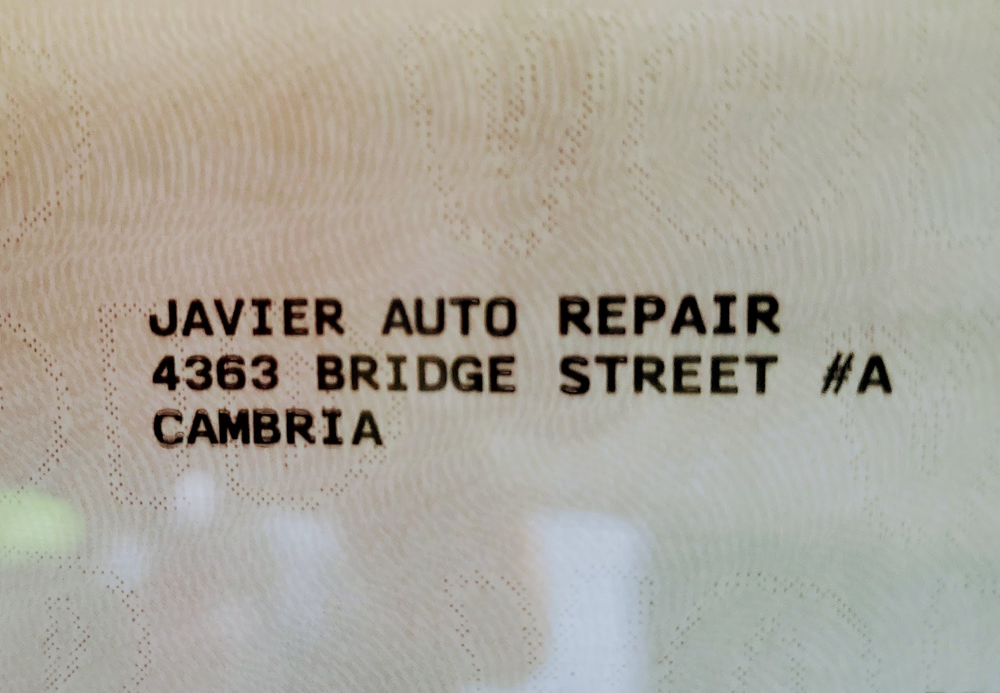 Javier Auto Repair 4363 #A Bridge St, Cambria California 93428