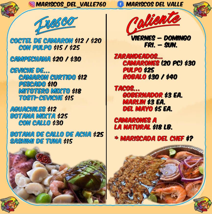 Mariscos Del Valle Menu
