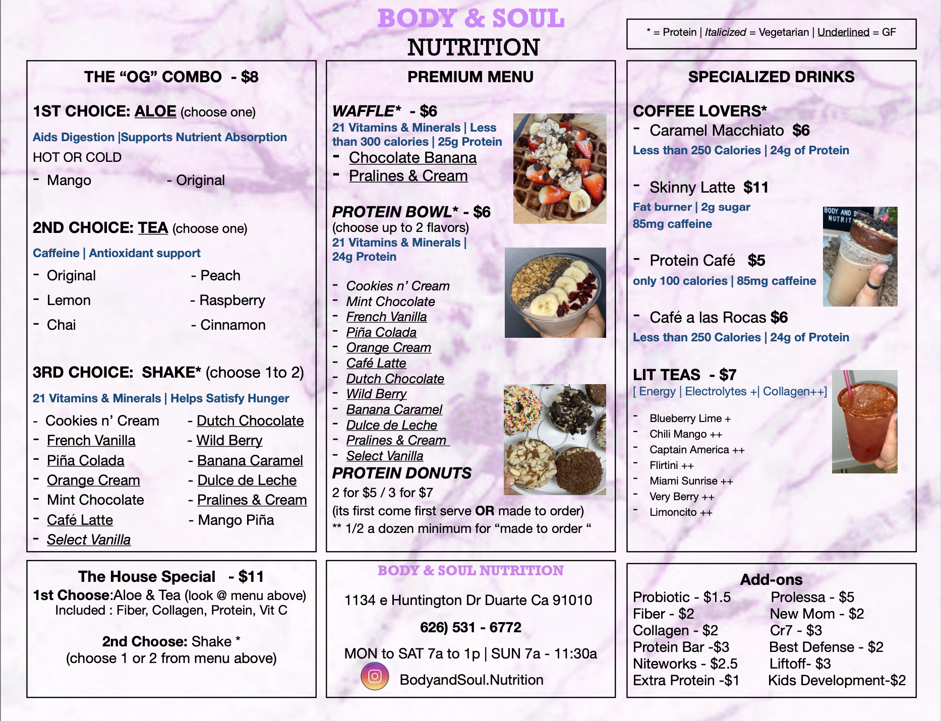 Body and Soul Nutrition Menu