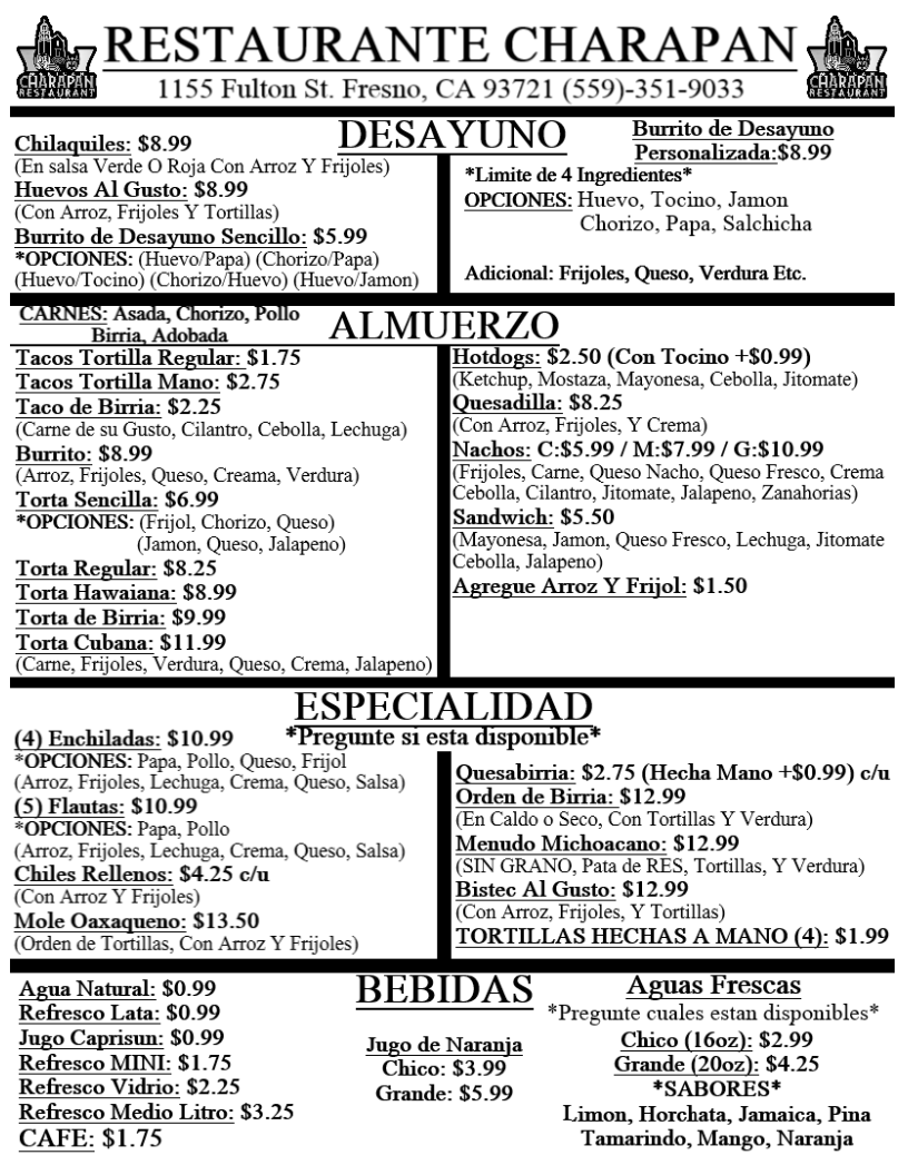 Restaurant Charapan Menu