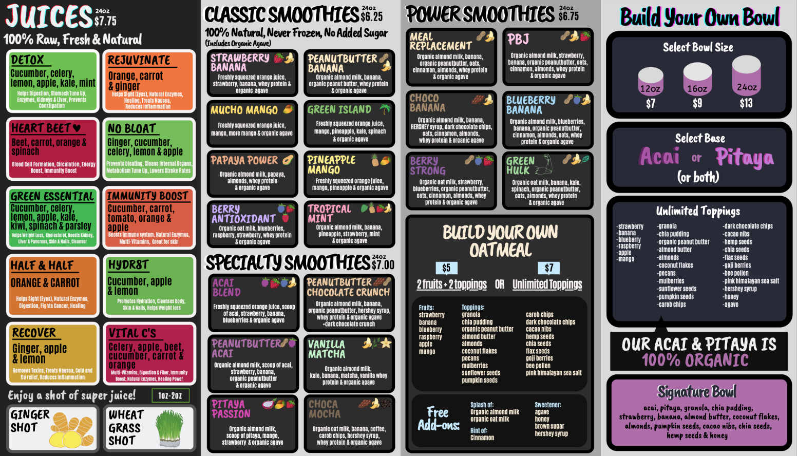 Juice n' Bowls Menu