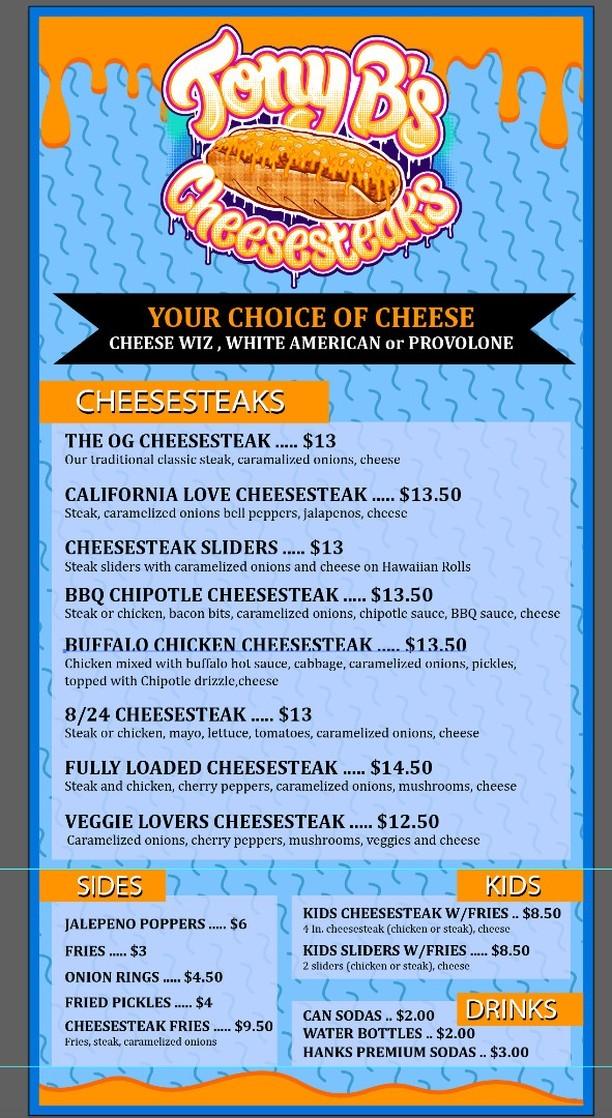 Tony B's Cheesesteaks Menu